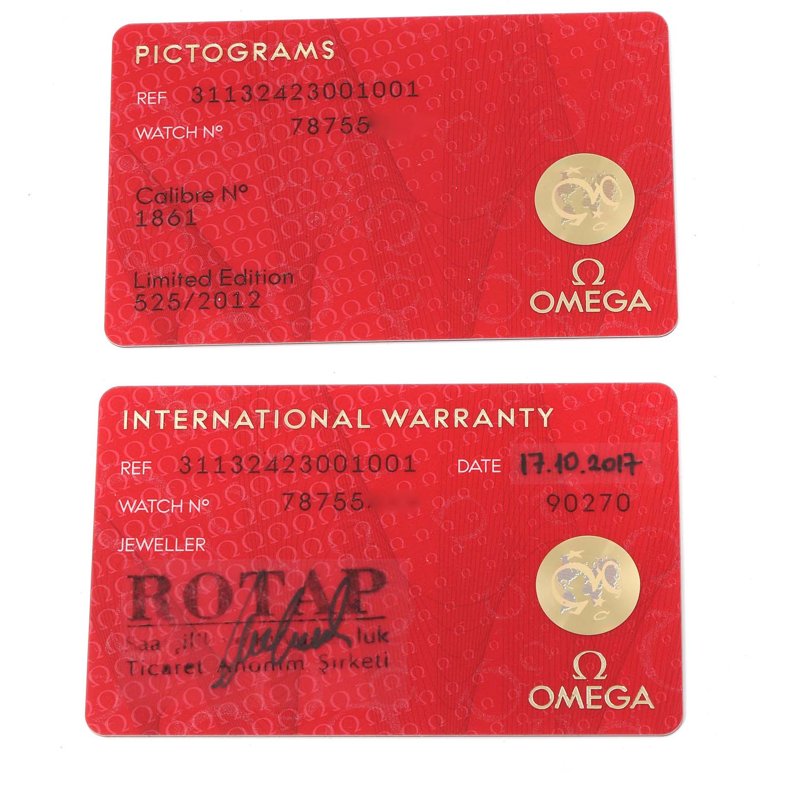 The image shows the pictograms and international warranty cards for the Omega Speedmaster 311.32.42.30.01.001 Men's Steel and Gold (two tone)  311.32.42.30.01.001 Men's Steel and Gold (two tone)  model watch.