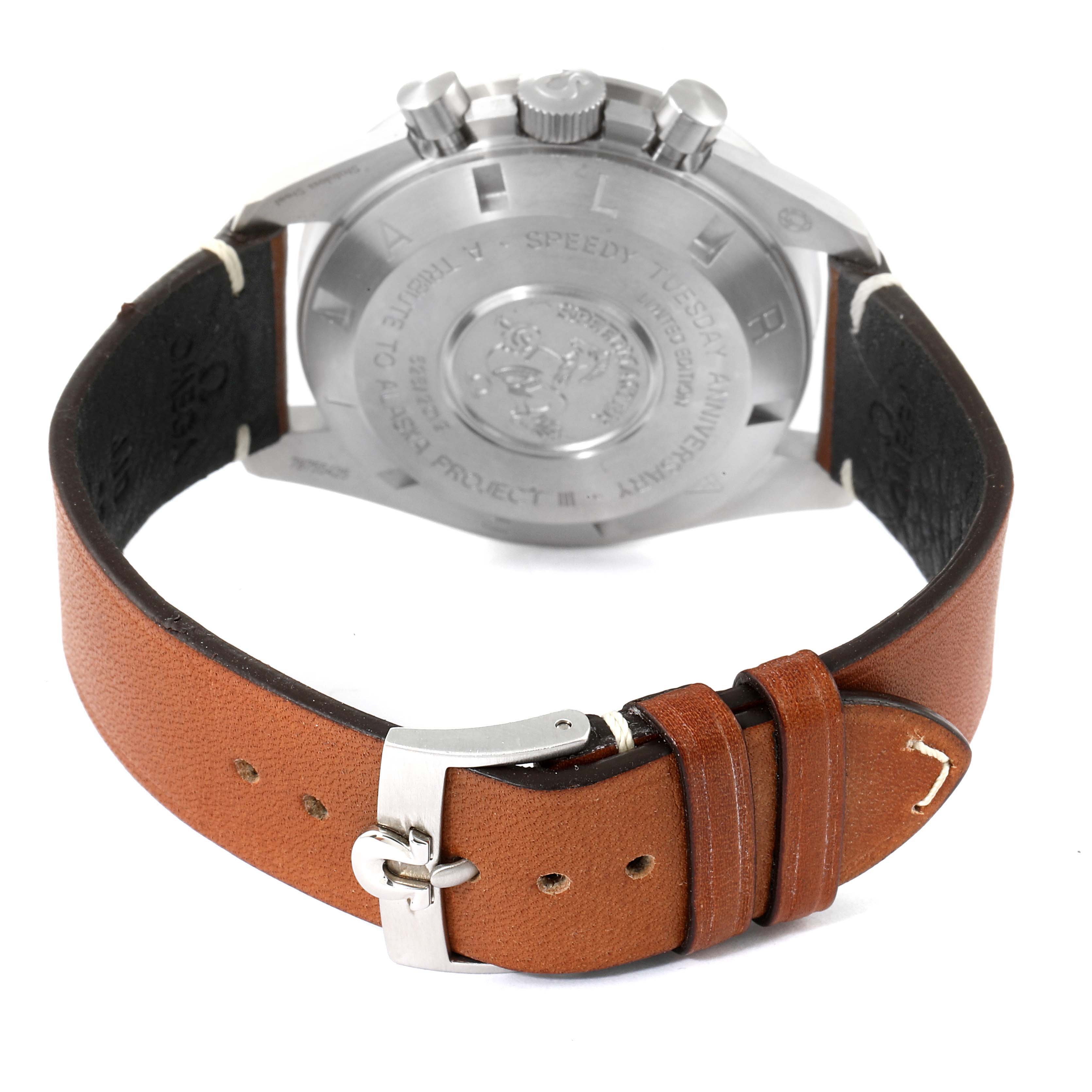 The image shows the back case and brown leather strap of an Omega Speedmaster 311.32.42.30.01.001 Men's Steel and Gold (two tone)  311.32.42.30.01.001 Men's Steel and Gold (two tone)  watch from a rear angle.