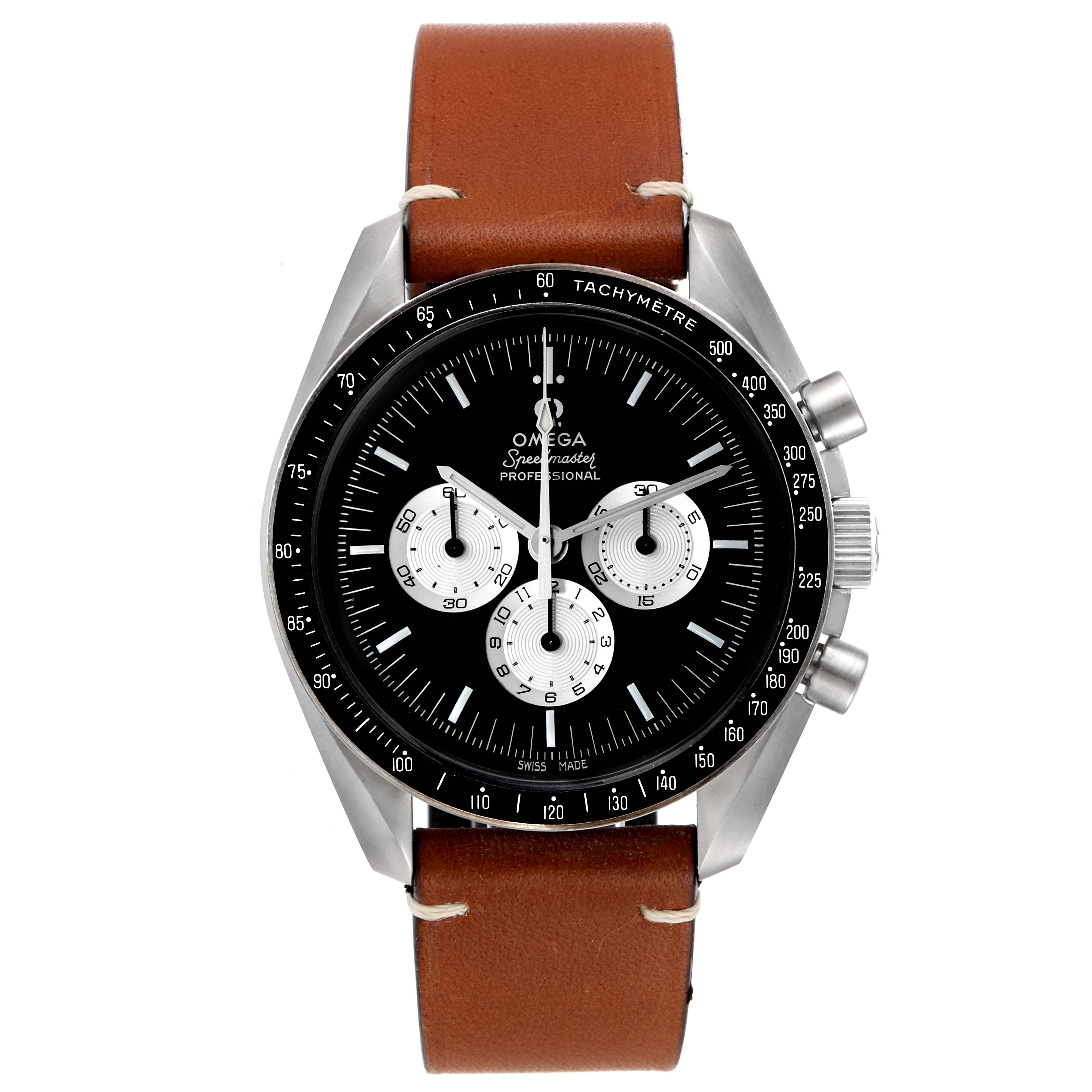 The Omega Speedmaster 311.32.42.30.01.001 Men's Steel and Gold (two tone)  311.32.42.30.01.001 Men's Steel and Gold (two tone)  watch is shown from a top view, displaying the face, bezel, and brown leather strap.