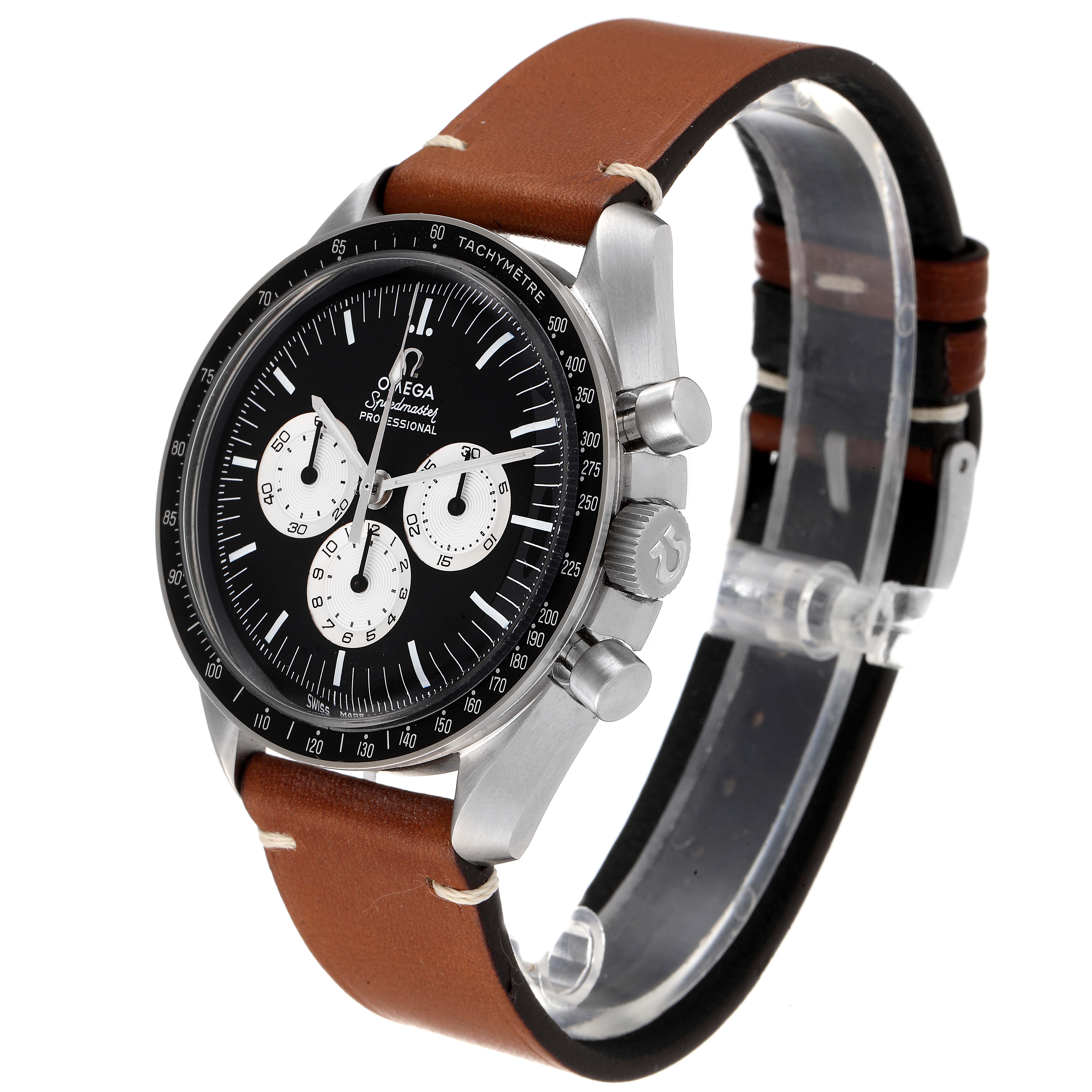 The Omega Speedmaster 311.32.42.30.01.001 Men's Steel and Gold (two tone)  311.32.42.30.01.001 Men's Steel and Gold (two tone)  watch is shown at a front angle, displaying the dial, tachymeter bezel, pushers, crown, and brown leather strap.