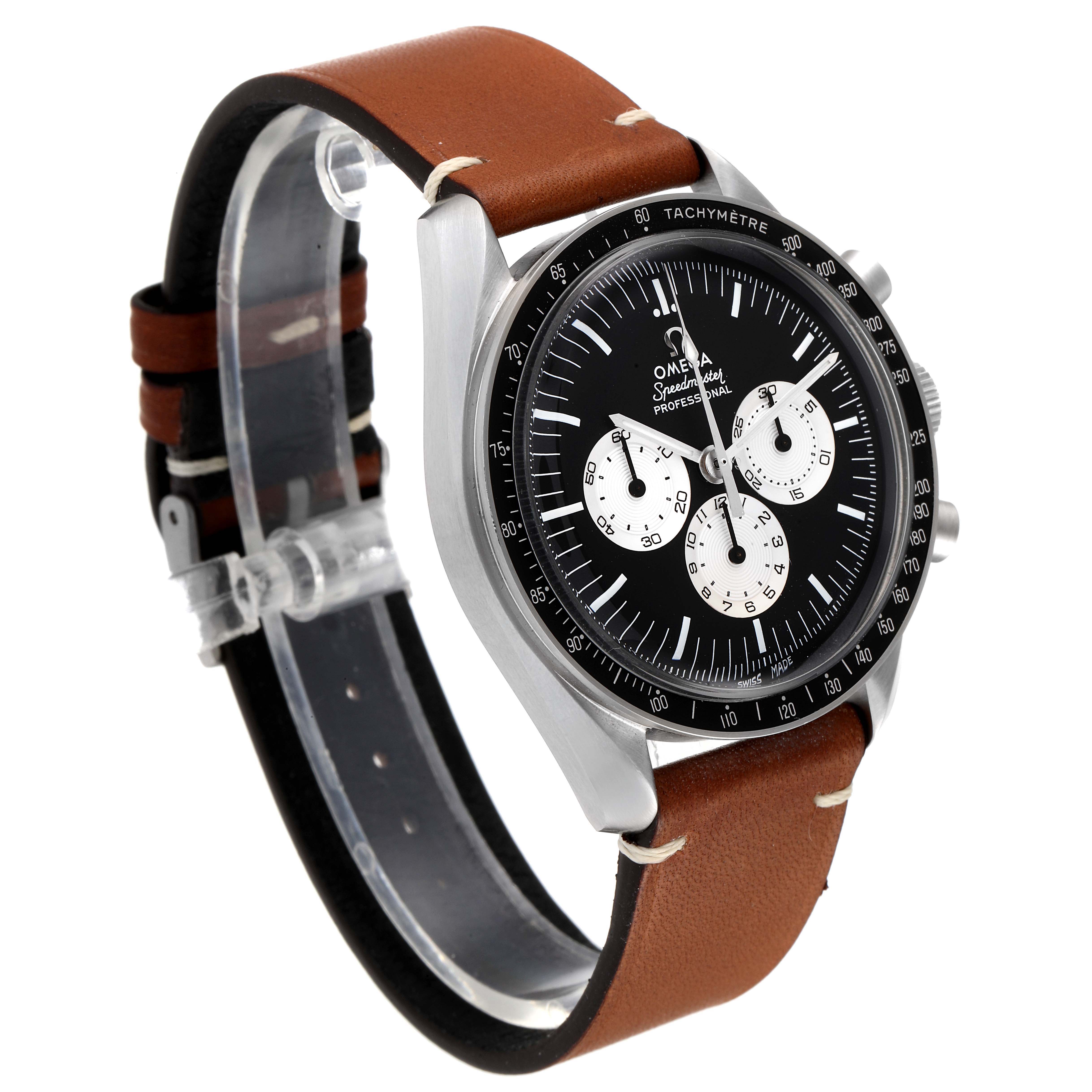 The Omega Speedmaster 311.32.42.30.01.001 Men's Steel and Gold (two tone)  311.32.42.30.01.001 Men's Steel and Gold (two tone)  watch is shown at a three-quarter angle, highlighting its black dial, white subdials, tachymeter bezel, and brown leather strap.