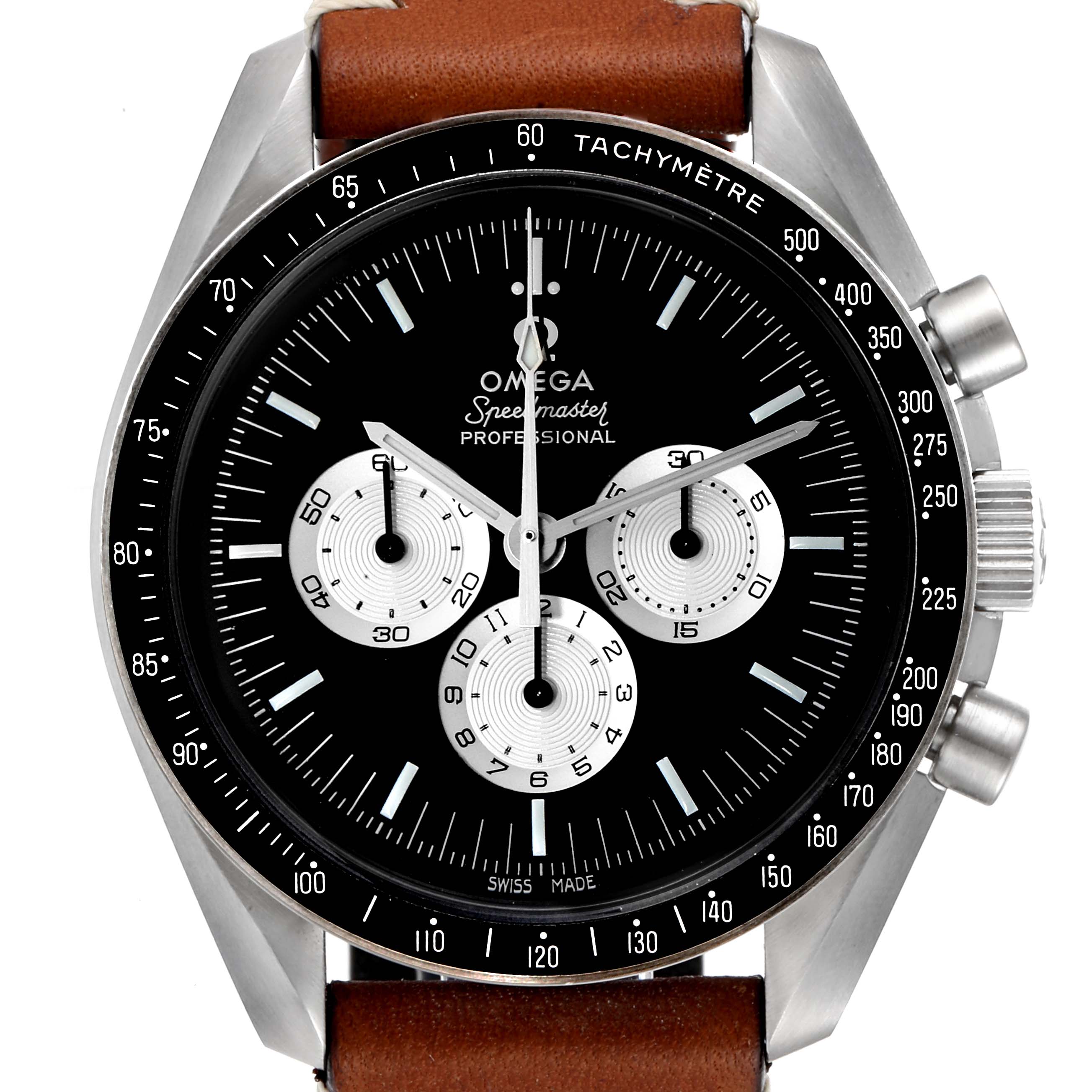 Front view of the Omega Speedmaster 311.32.42.30.01.001 Men's Steel and Gold (two tone)  311.32.42.30.01.001 Men's Steel and Gold (two tone)  watch, showing the dial, sub-dials, bezel, crown, and leather strap.