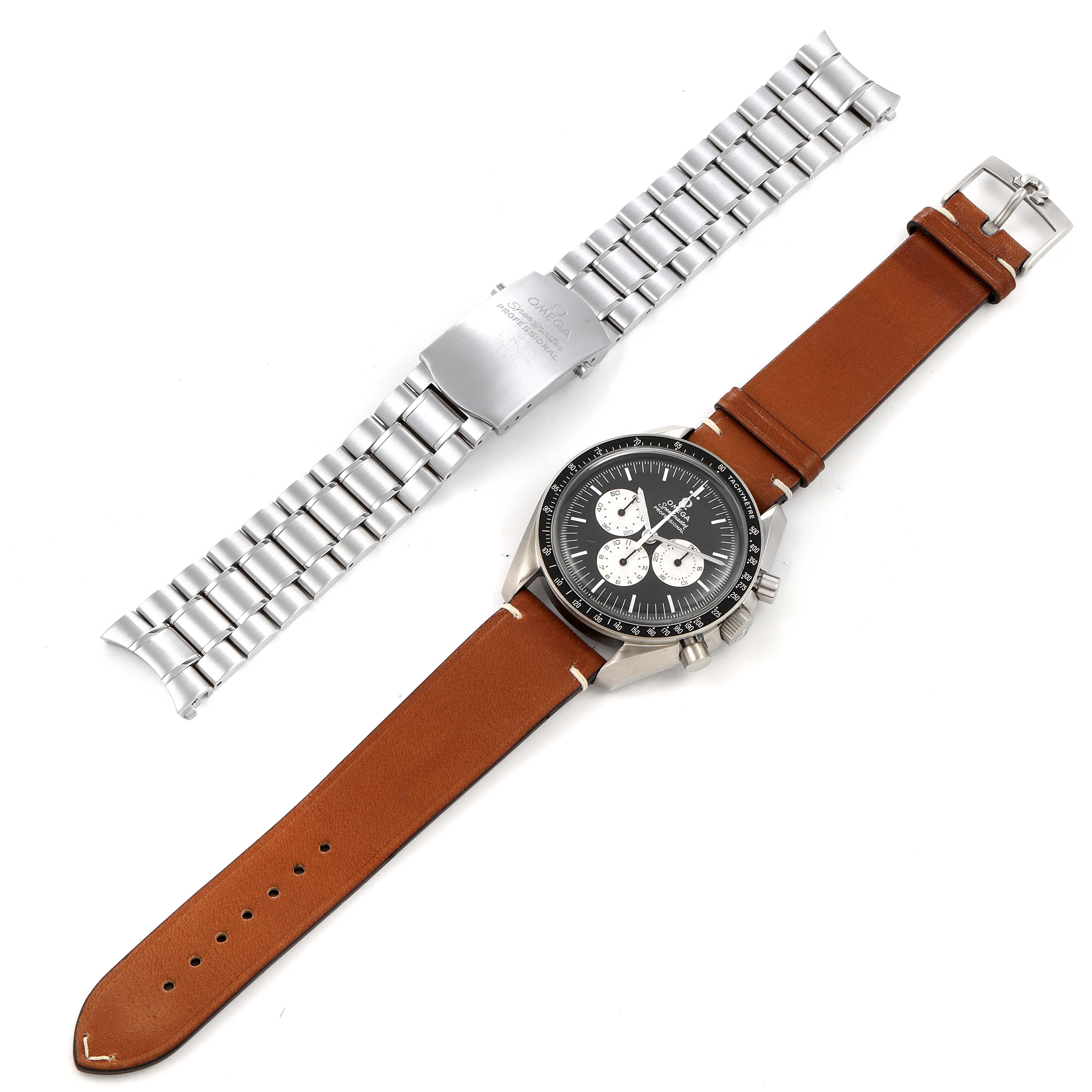 The image shows an Omega Speedmaster 311.32.42.30.01.001 Men's Steel and Gold (two tone)  311.32.42.30.01.001 Men's Steel and Gold (two tone)  watch with a brown leather strap and a separate metal bracelet laid out flat.