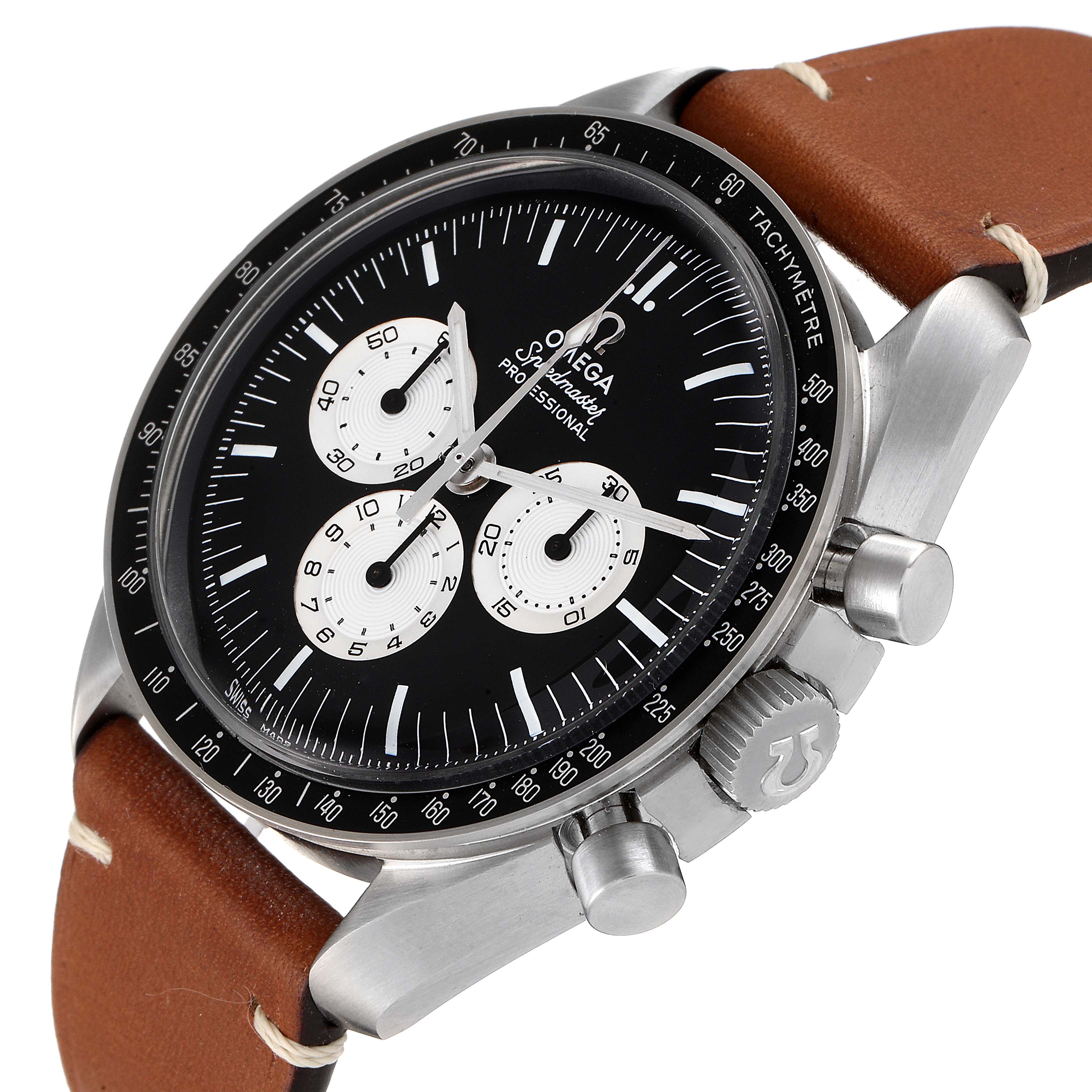 The Omega Speedmaster 311.32.42.30.01.001 Men's Steel and Gold (two tone)  311.32.42.30.01.001 Men's Steel and Gold (two tone)  watch is shown from a front angle, displaying its dial, subdials, crown, and brown leather strap.