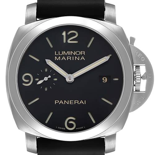 The image shows a front view of a Panerai Luminor PAM00312 Men's Stainless Steel Black Dial watch, highlighting the dial, hands, crown, and crown guard.