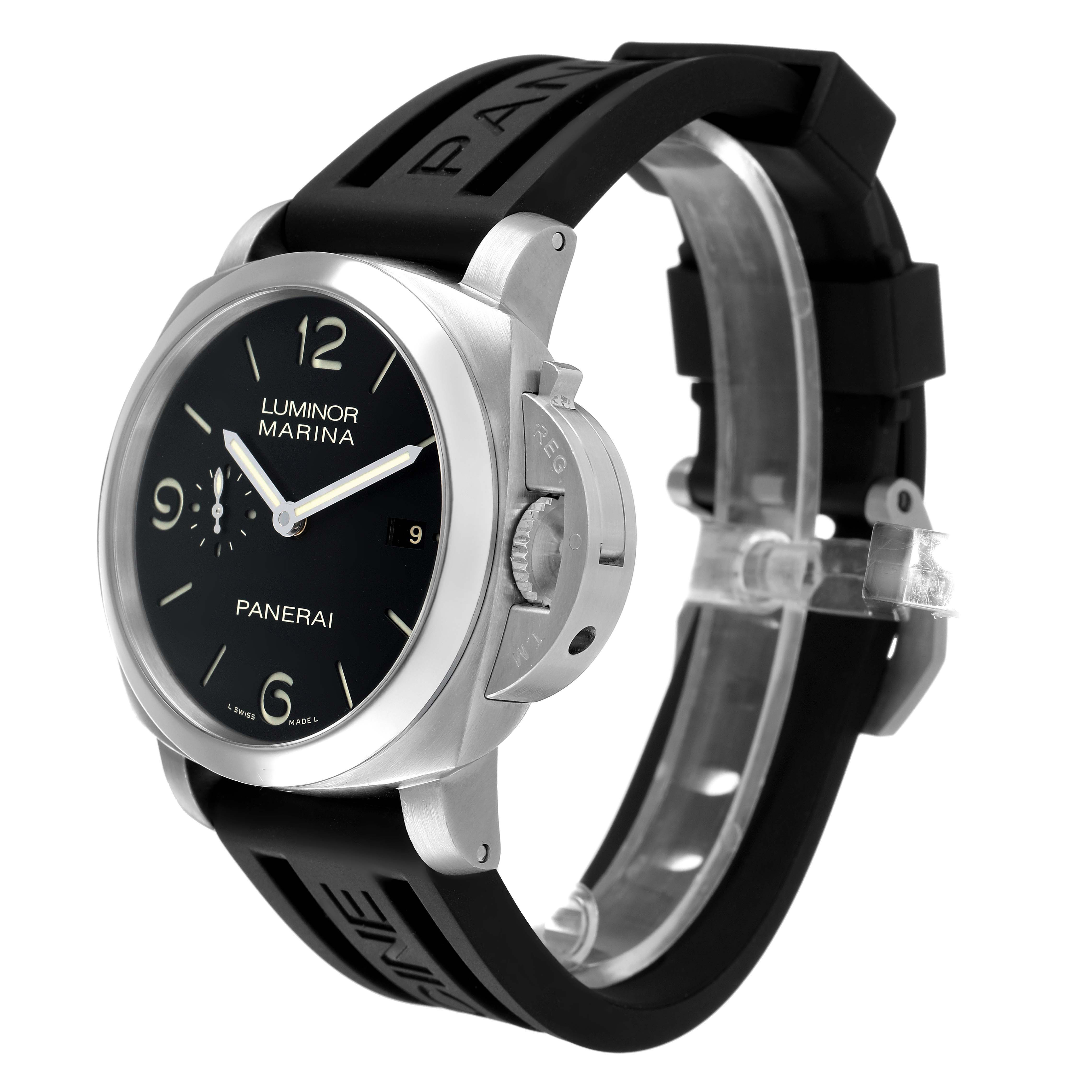 The Panerai Luminor PAM00312 Men's Stainless Steel Black Dial watch is shown at a three-quarter angle, highlighting its face, crown guard, and black strap.