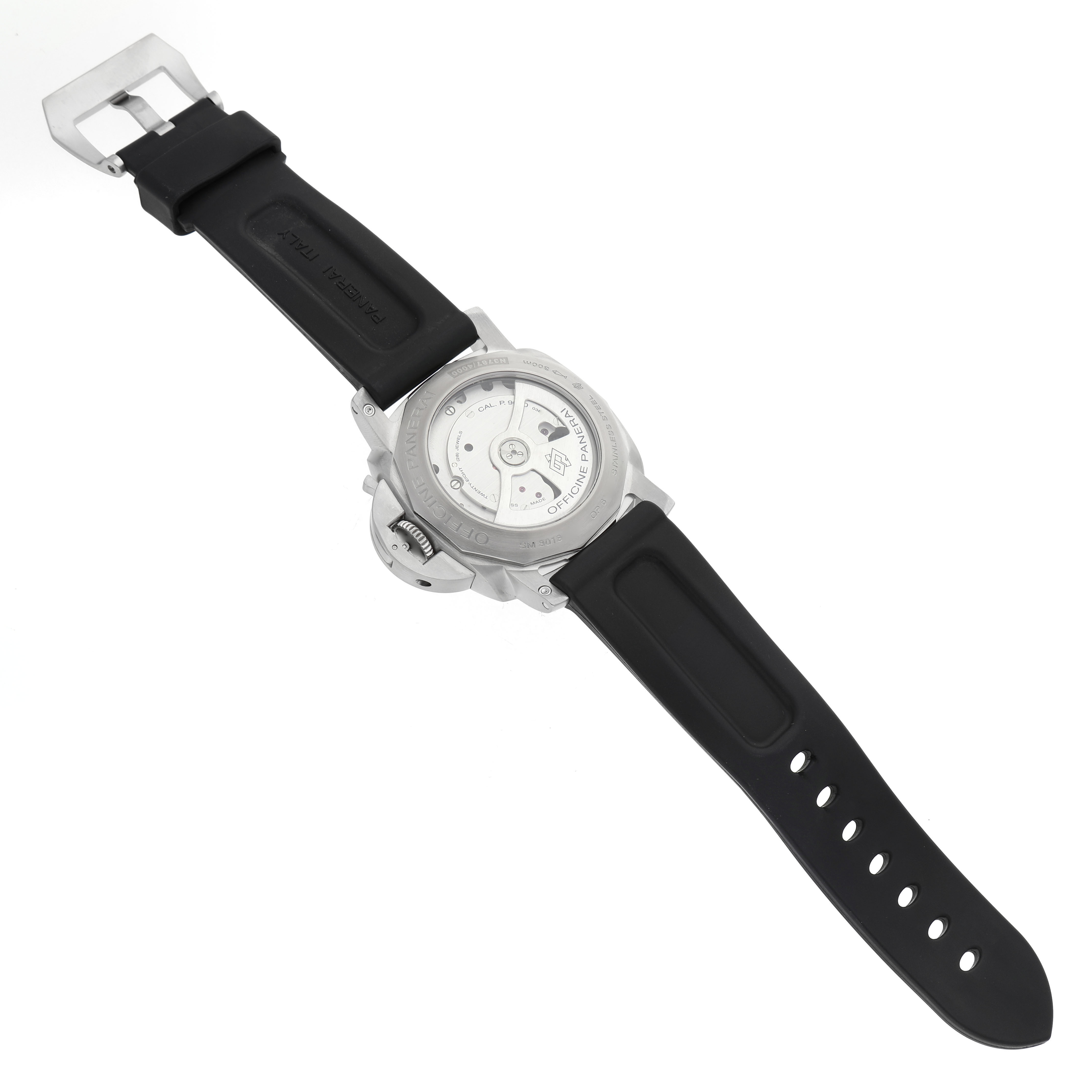 The Panerai Luminor PAM00312 Men's Stainless Steel Black Dial watch is shown from the back, featuring the transparent case back and black strap.
