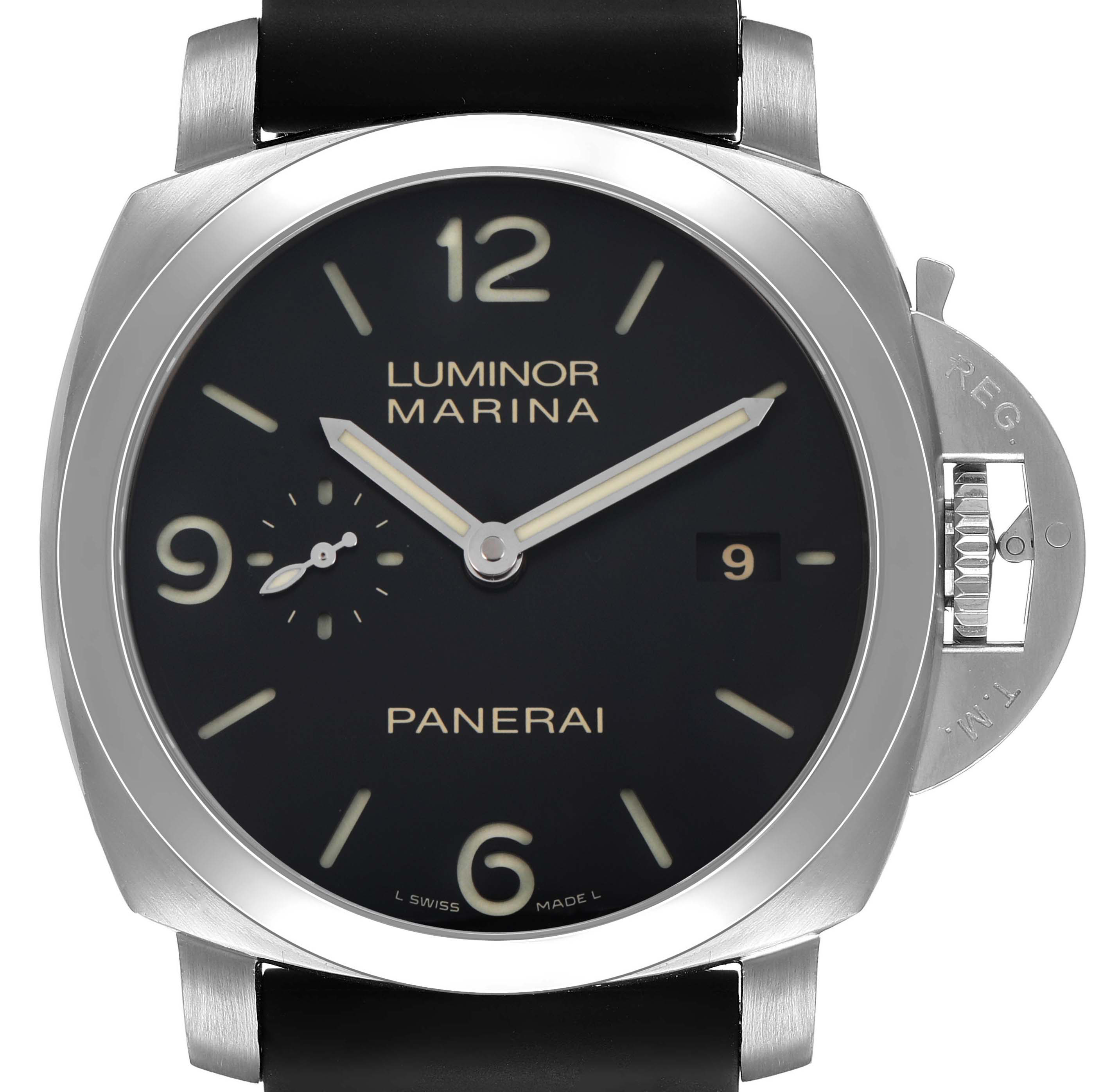 The Panerai Luminor PAM00312 Men's Stainless Steel Black Dial watch is shown from the front, highlighting its dial, hour markers, hands, and crown protector.