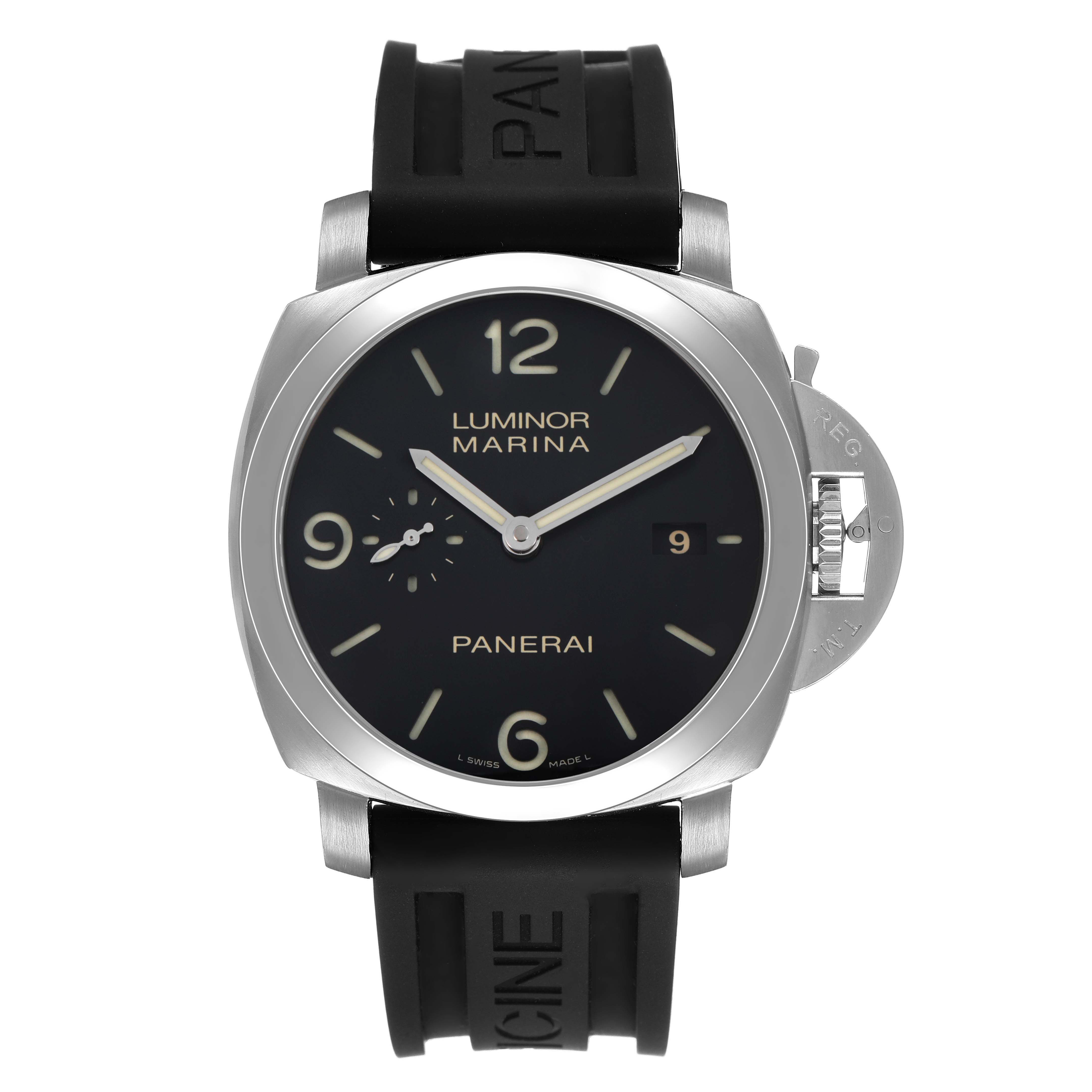 The Panerai Luminor PAM00312 Men's Stainless Steel Black Dial watch is shown from a frontal angle, displaying its dial, crown guard, and strap.