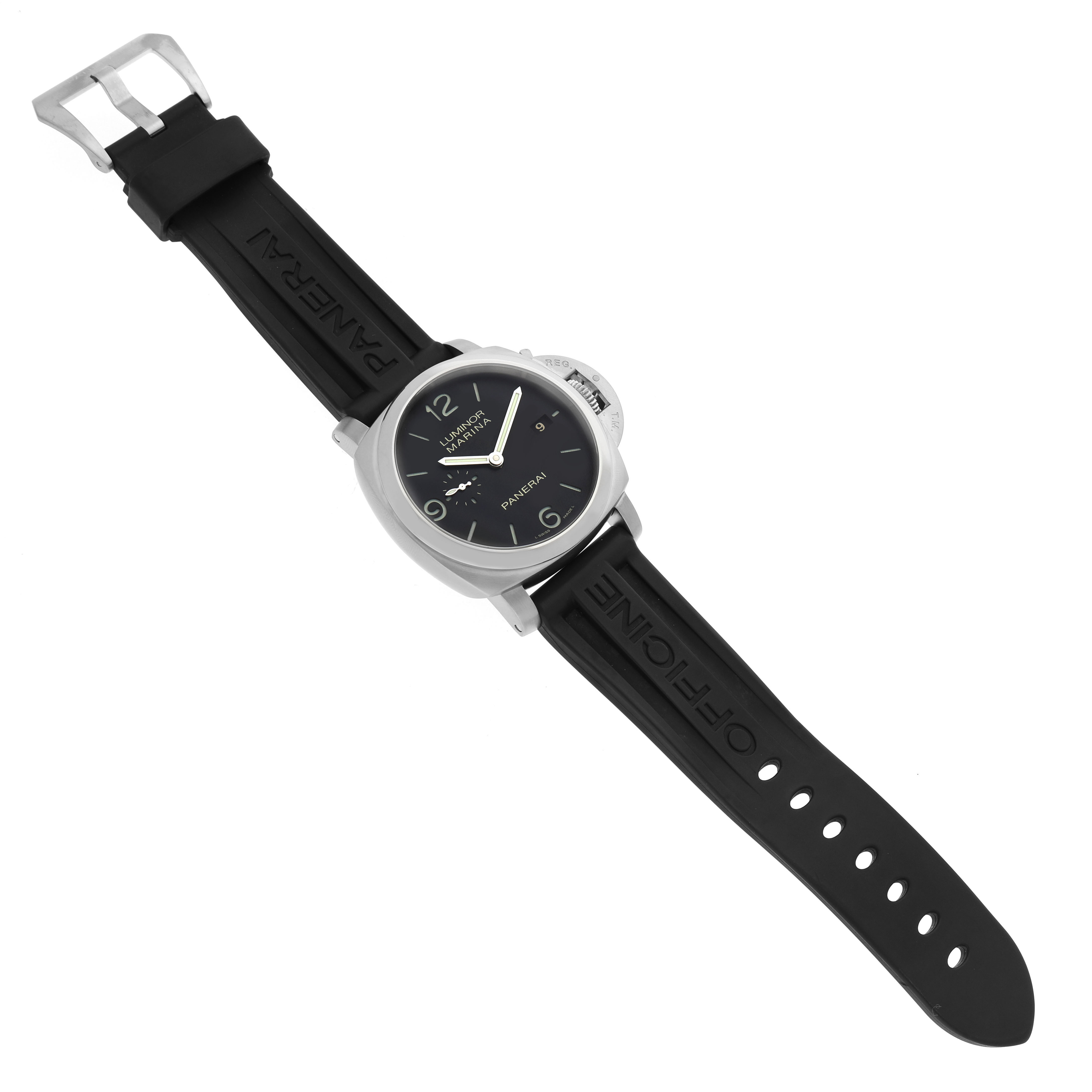 The Panerai Luminor PAM00312 Men's Stainless Steel Black Dial watch is shown flat, displaying the full face, case, black rubber strap, and buckle from an overhead angle.