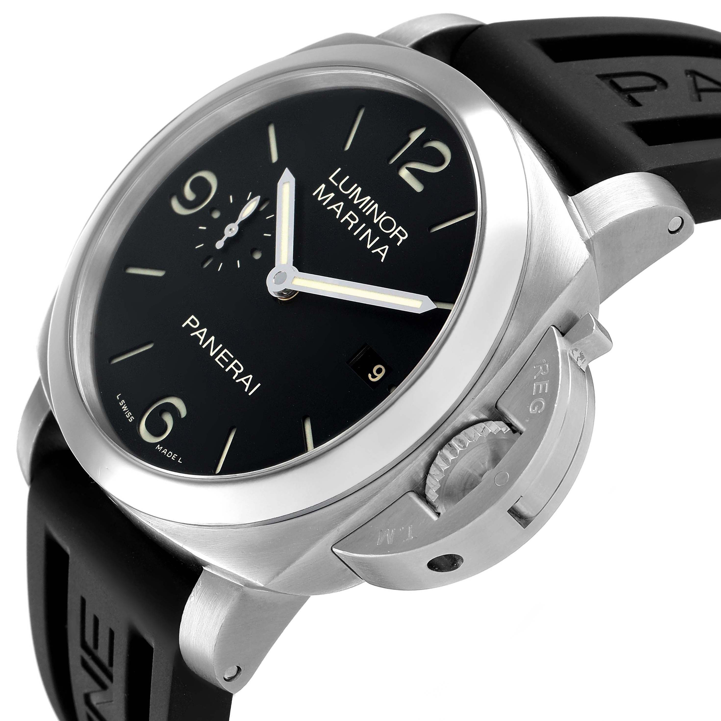 The Panerai Luminor PAM00312 Men's Stainless Steel Black Dial watch is shown at a side angle, highlighting the crown guard and black rubber strap.