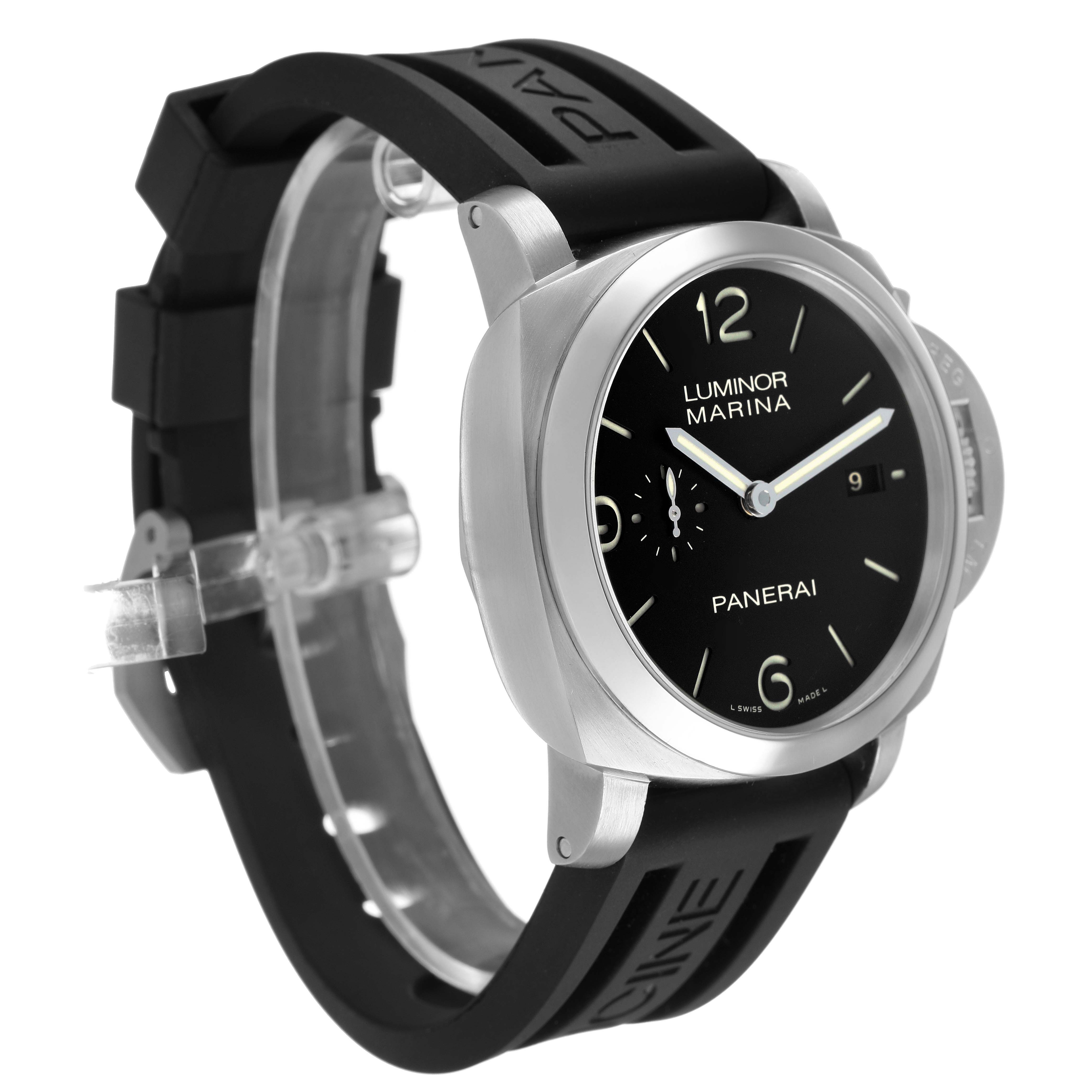 The Panerai Luminor PAM00312 Men's Stainless Steel Black Dial watch is shown at a three-quarter angle, highlighting its black dial, rubber strap, and side profile.