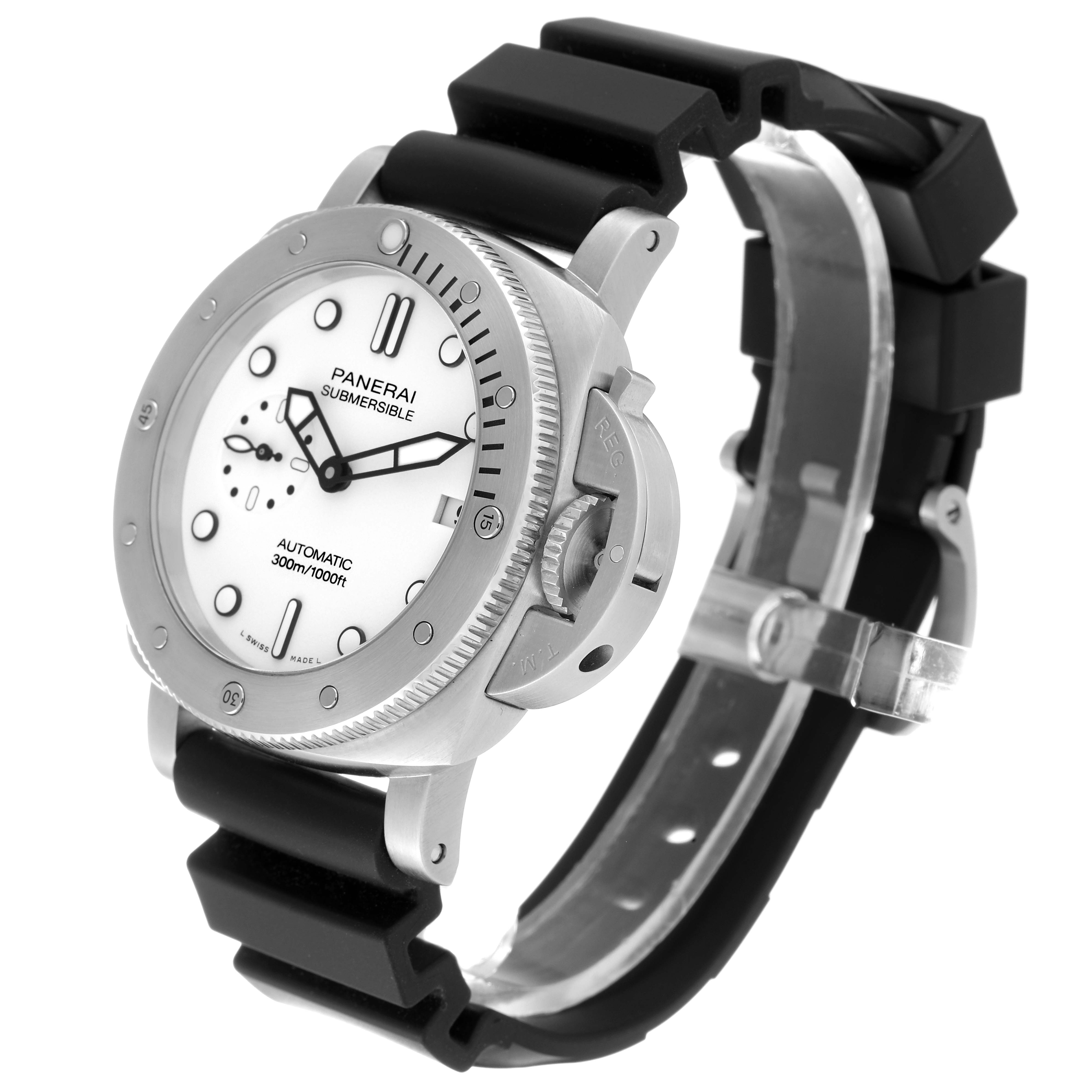 The image shows a Panerai Submersible PAM01223 Men
s Stainless Steel White Dial PAM01223 Men
s Stainless Steel White Dial watch at a three-quarter angle, highlighting its face, bezel, case, and black strap.