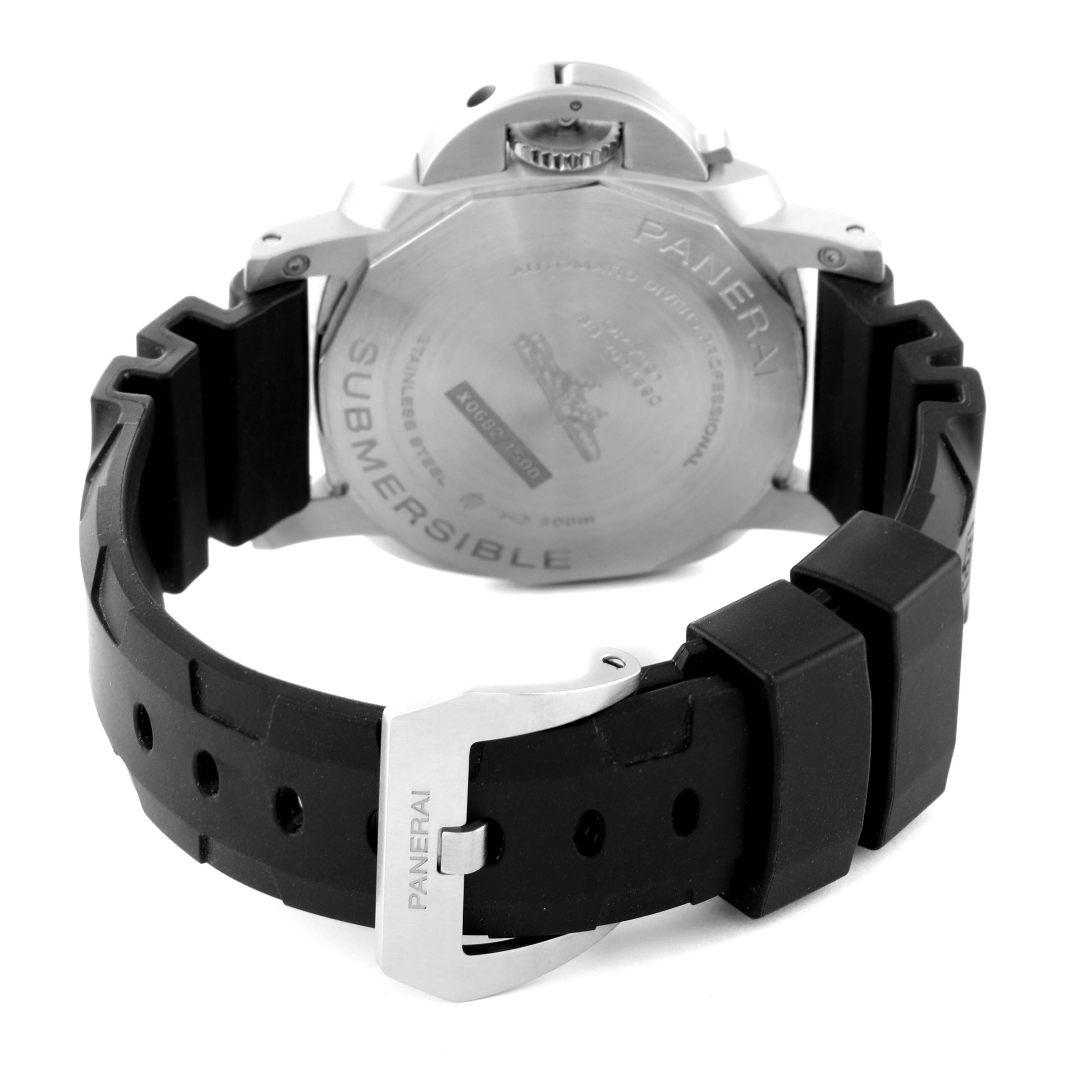 The image shows the back of the Panerai Submersible PAM01223 Men
s Stainless Steel White Dial PAM01223 Men
s Stainless Steel White Dial watch, highlighting the case back and rubber strap with a branded buckle.
