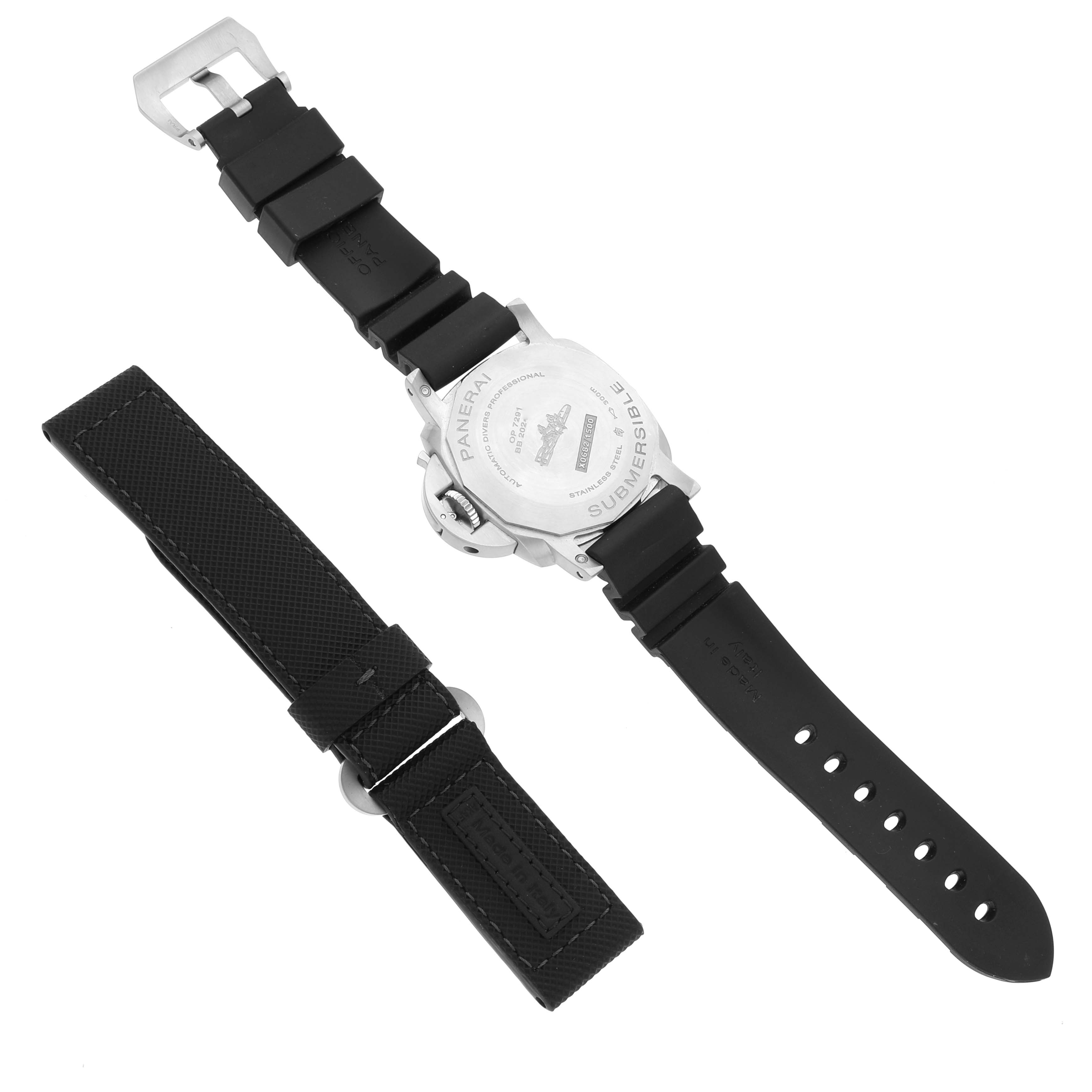 The image shows the back view of a Panerai Submersible PAM01223 Men
s Stainless Steel White Dial PAM01223 Men
s Stainless Steel White Dial watch and an additional strap.