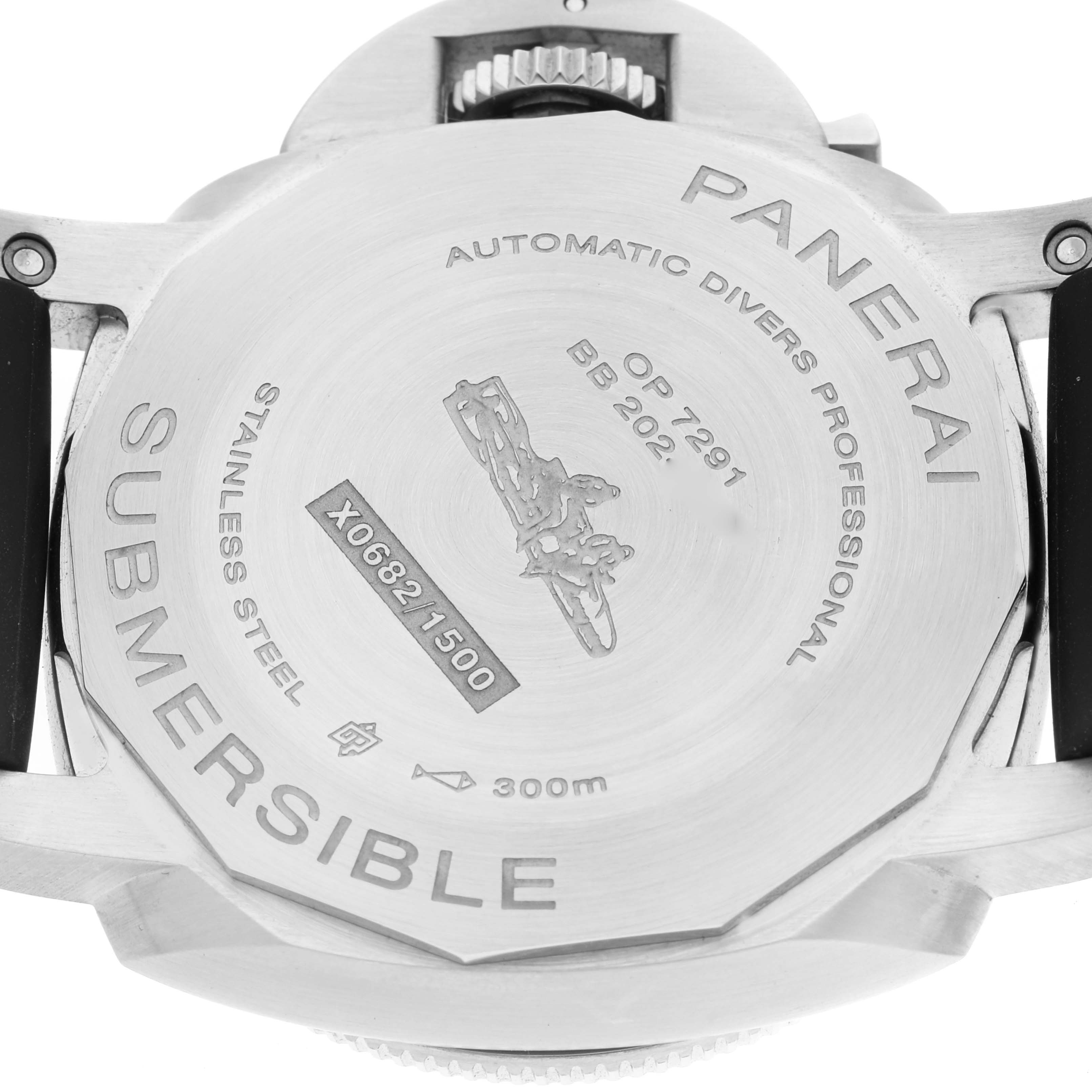 The image shows the back of a Panerai Submersible PAM01223 Men
s Stainless Steel White Dial PAM01223 Men
s Stainless Steel White Dial watch, highlighting its engraving and model details.