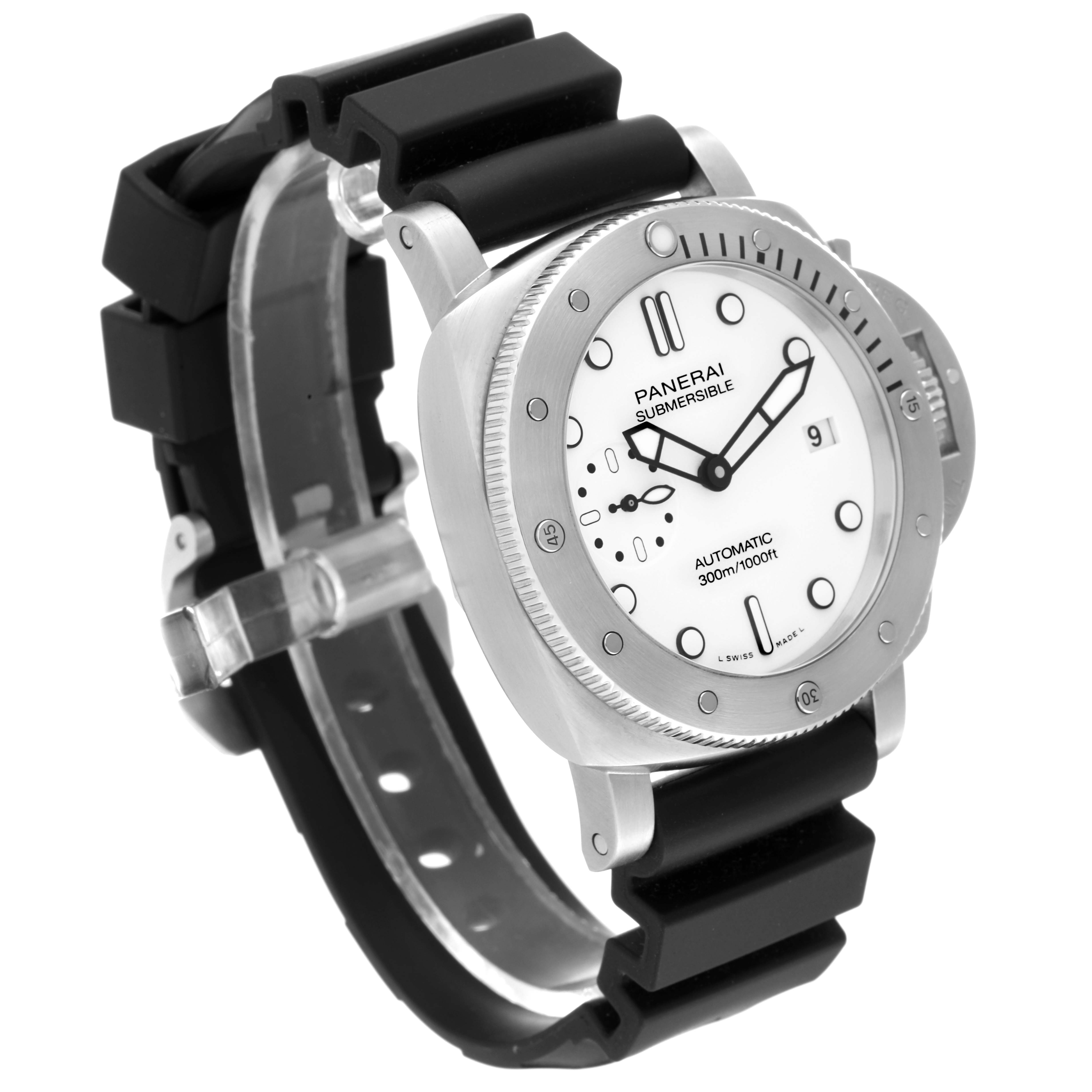 The Panerai Submersible PAM01223 Men
s Stainless Steel White Dial PAM01223 Men
s Stainless Steel White Dial watch is shown from a front-right angle, displaying the dial, bezel, case, and black strap.