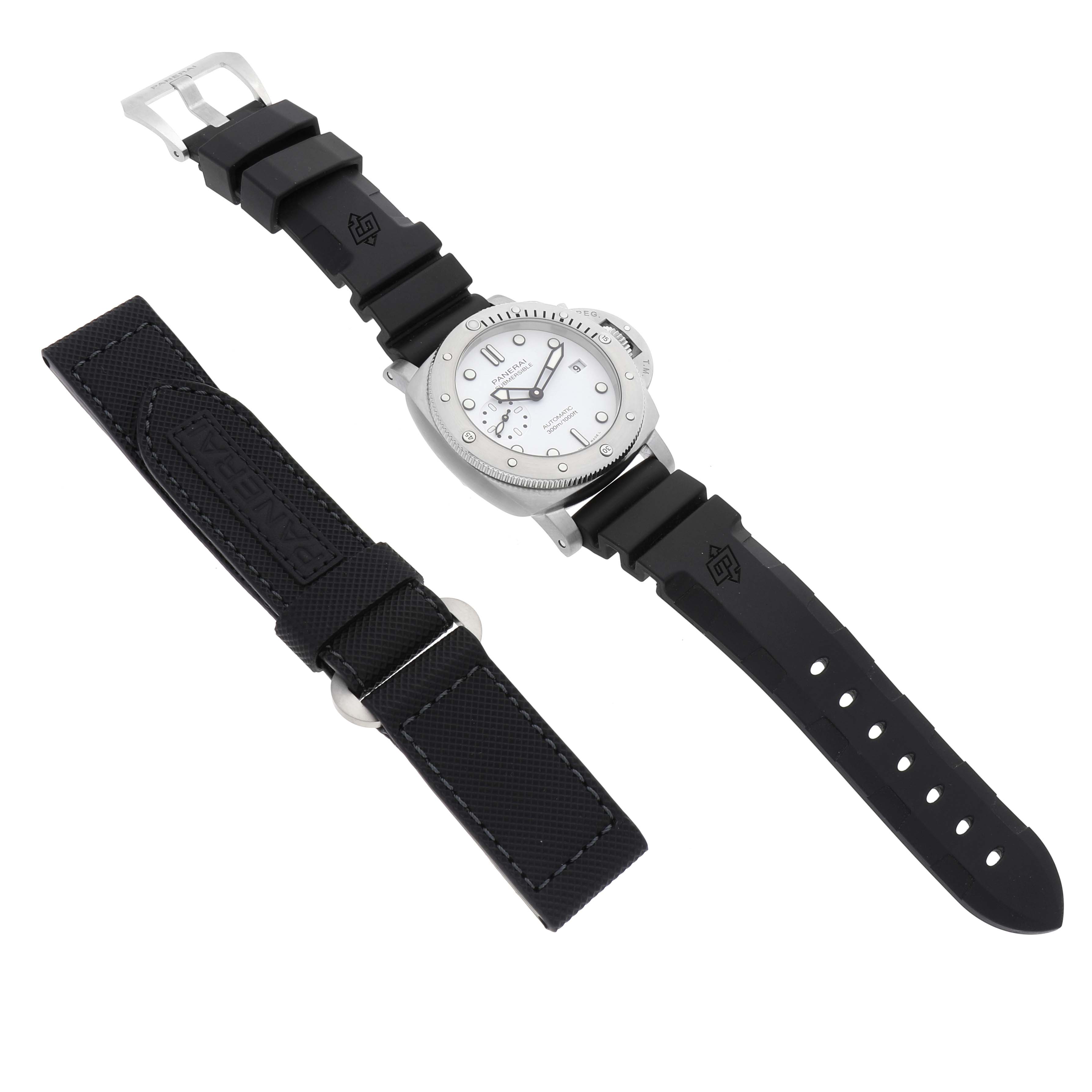 This image shows a top-down view of a Panerai Submersible PAM01223 Men
s Stainless Steel White Dial PAM01223 Men
s Stainless Steel White Dial watch and a separate black watch strap.