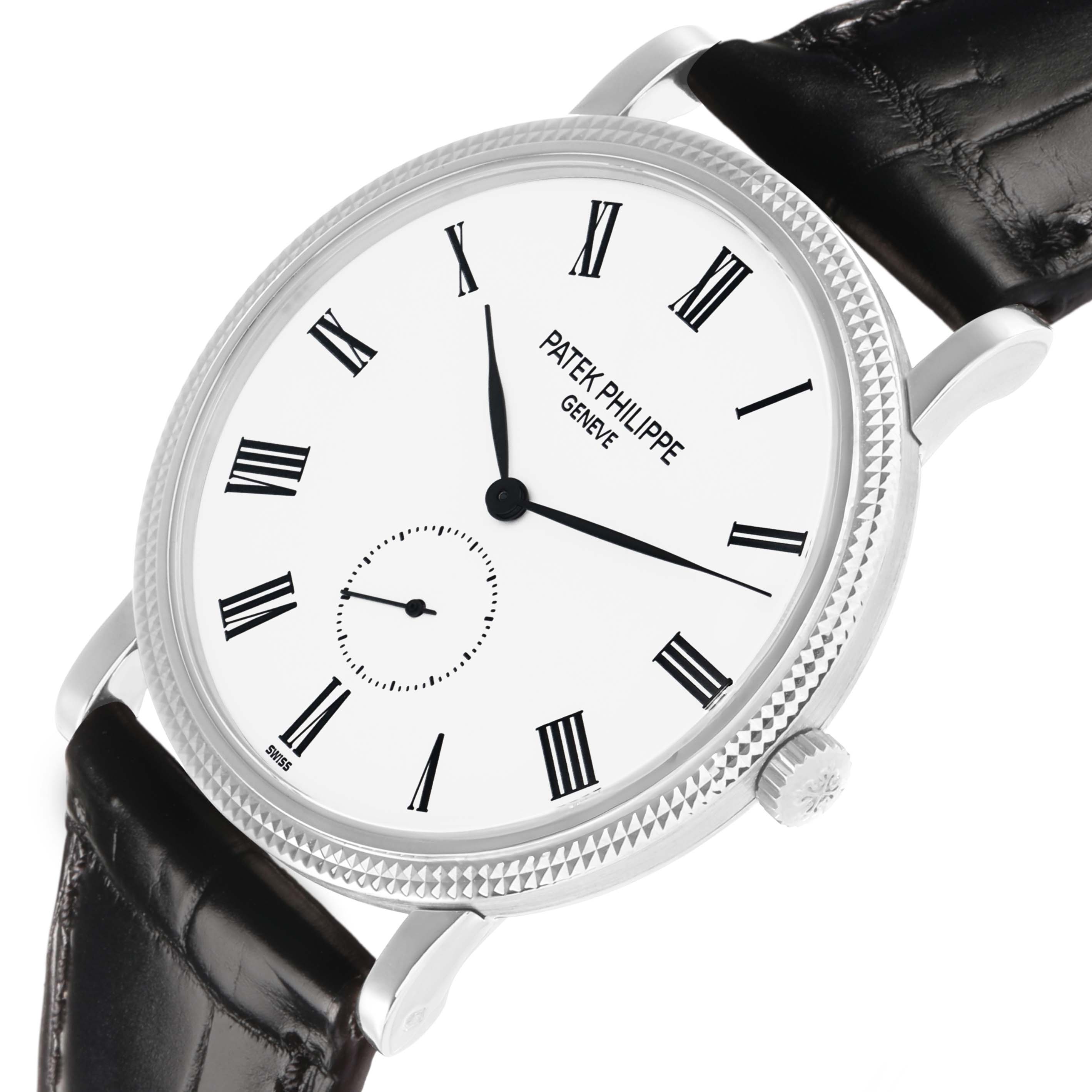The image shows a Patek Philippe Calatrava 5119G Men
s White Gold White Dial watch at a tilted angle, displaying the face, crown, and part of the leather strap.