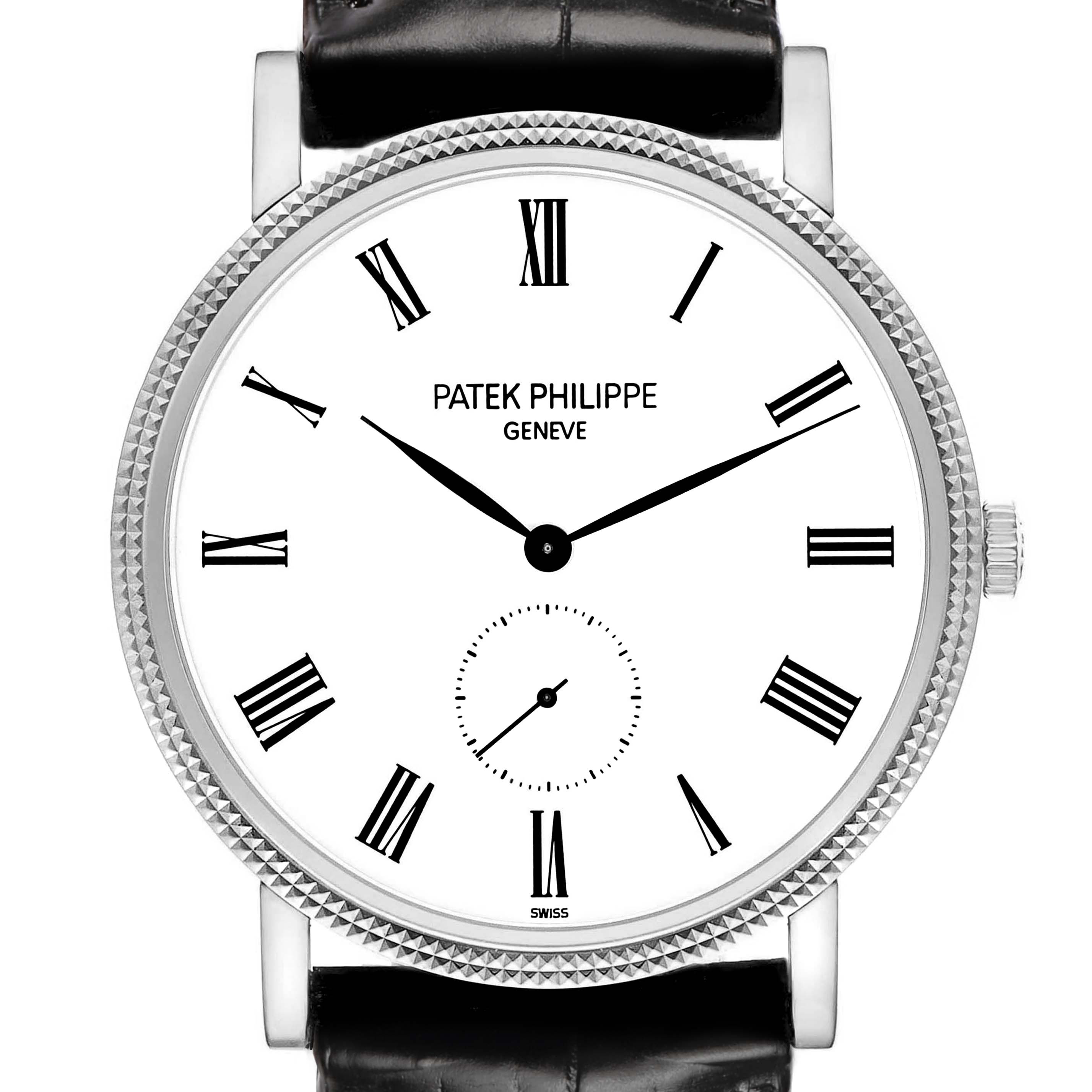 The Patek Philippe Calatrava 5119G Men
s White Gold White Dial watch is shown from the front, displaying its Roman numeral dial and textured bezel.