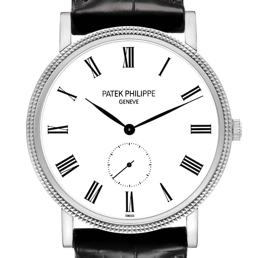 The Patek Philippe Calatrava 5119G Men's White Gold White Dial watch is shown from the front, displaying its Roman numeral dial and textured bezel.