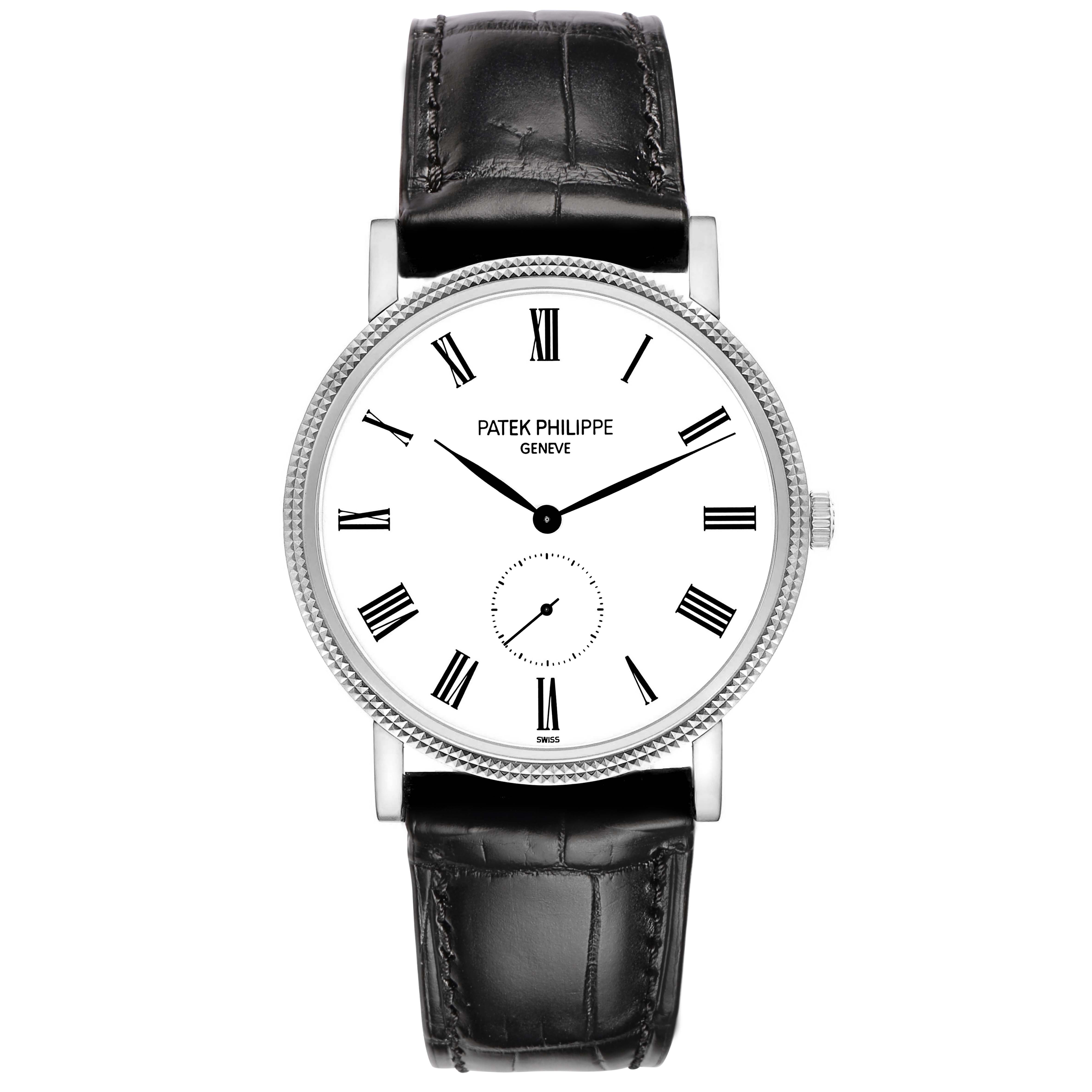 The Patek Philippe Calatrava 5119G Men
s White Gold White Dial watch is shown from a front angle, displaying the dial, Roman numerals, and leather strap.