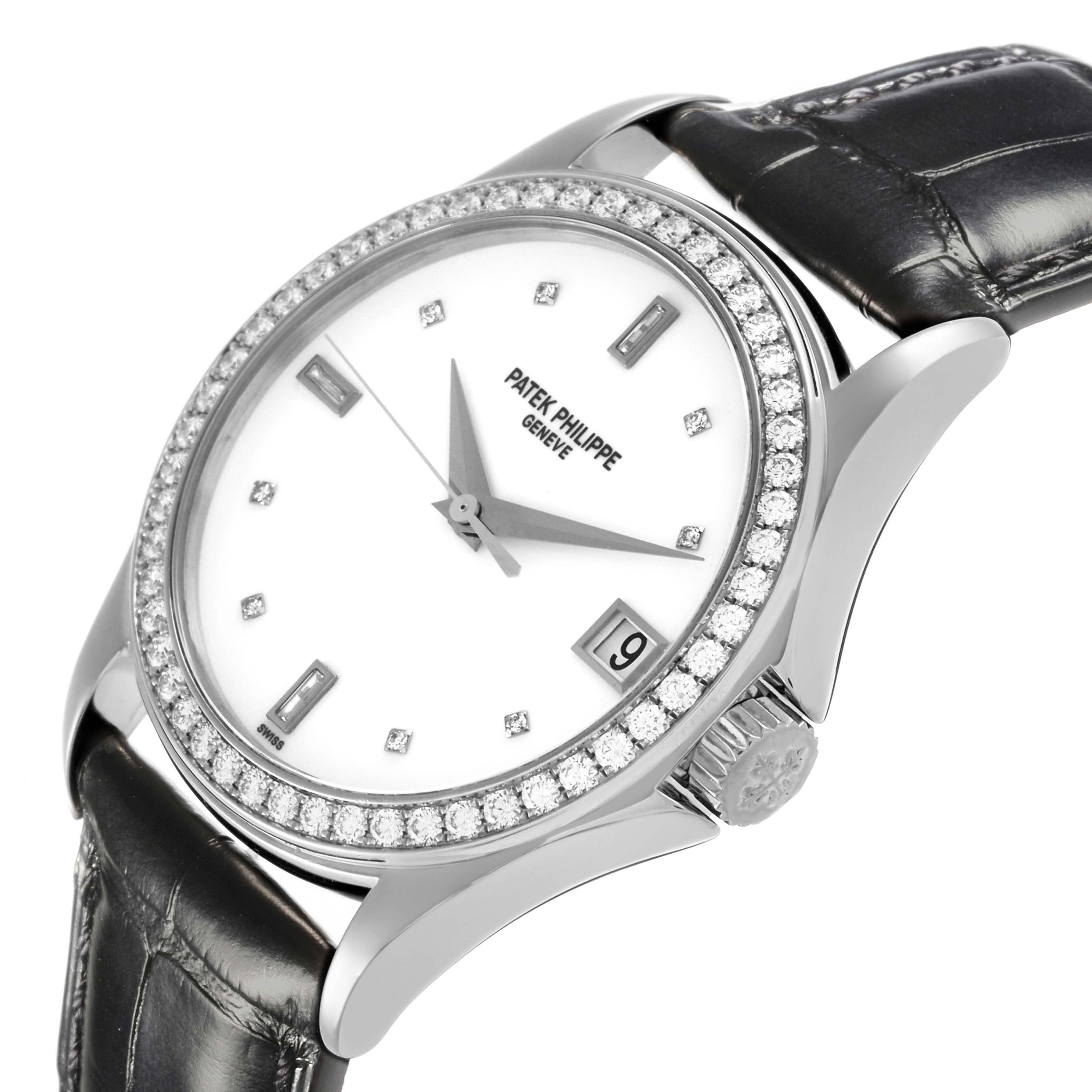 The Patek Philippe Calatrava 5108G-012 Men
s White Gold White Dial 5108G-012 Men
s White Gold White Dial watch is shown at an angled view, highlighting the case, bezel, dial, crown, and strap.