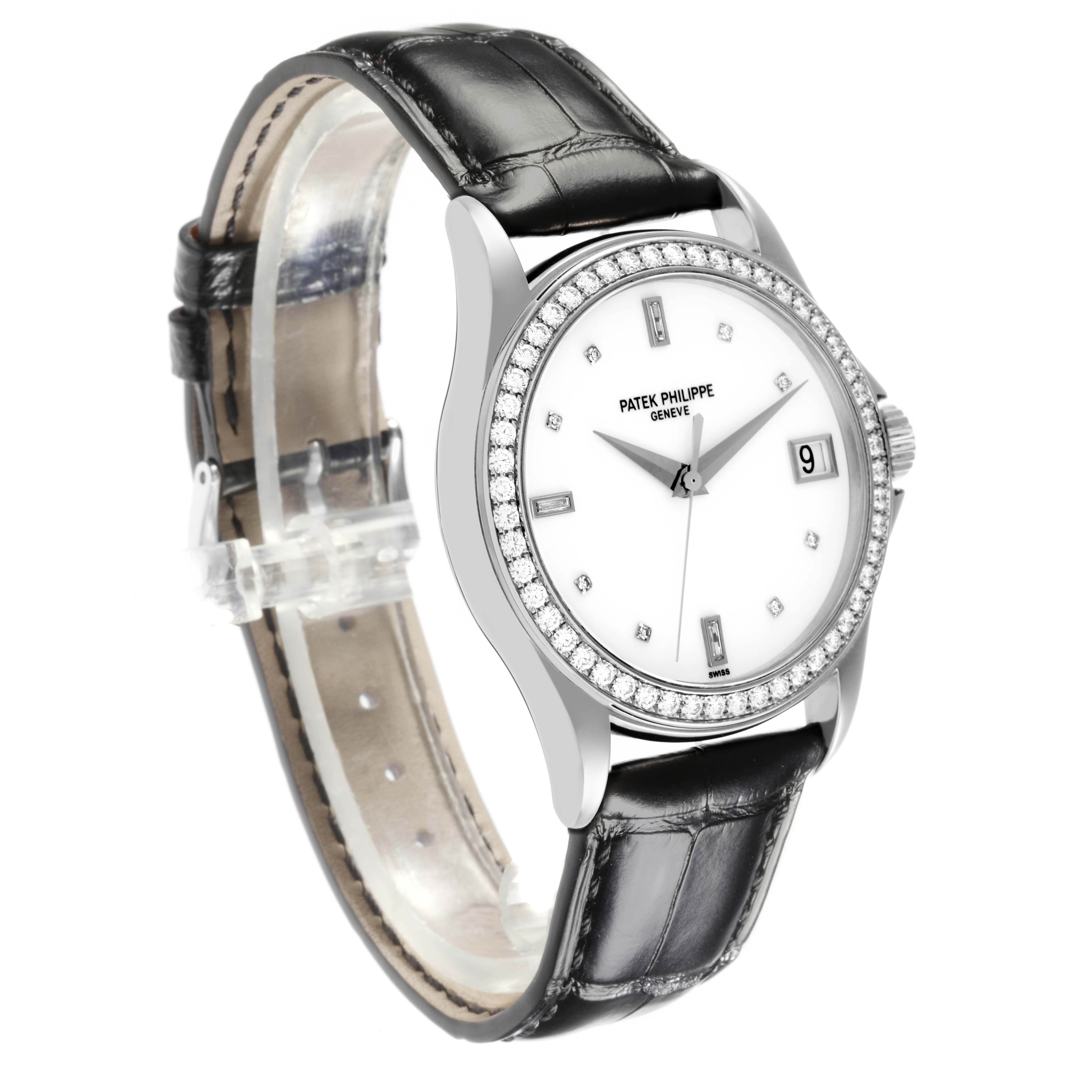 The Patek Philippe Calatrava 5108G-012 Men
s White Gold White Dial 5108G-012 Men
s White Gold White Dial watch is shown at a three-quarter angle, displaying the face, bezel, crown, and strap.