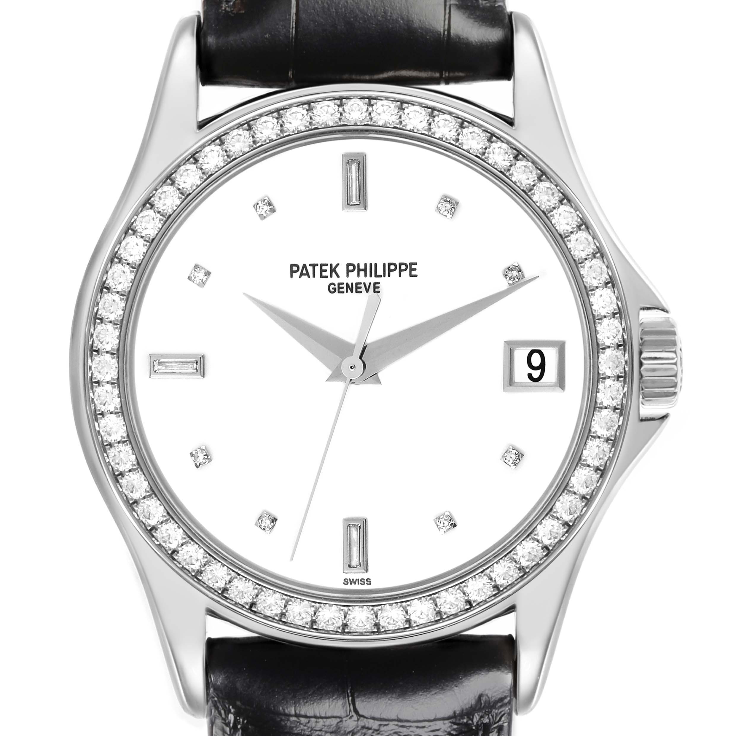 The Patek Philippe Calatrava 5108G-012 Men
s White Gold White Dial 5108G-012 Men
s White Gold White Dial watch is shown from the front, highlighting the dial, bezel, and part of the strap.