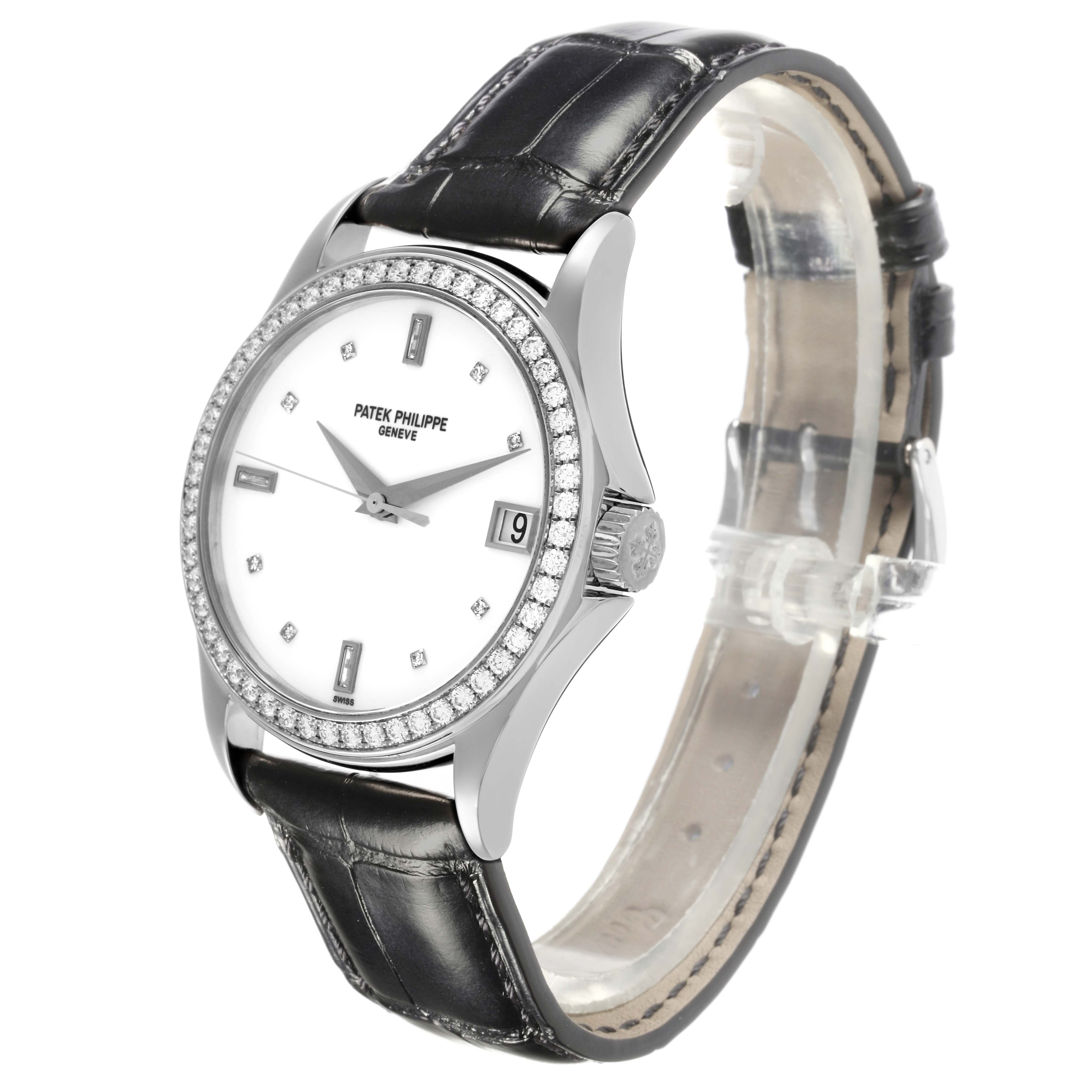 The Patek Philippe Calatrava 5108G-012 Men
s White Gold White Dial 5108G-012 Men
s White Gold White Dial watch is shown at a side angle, highlighting the dial, bezel, and leather strap.