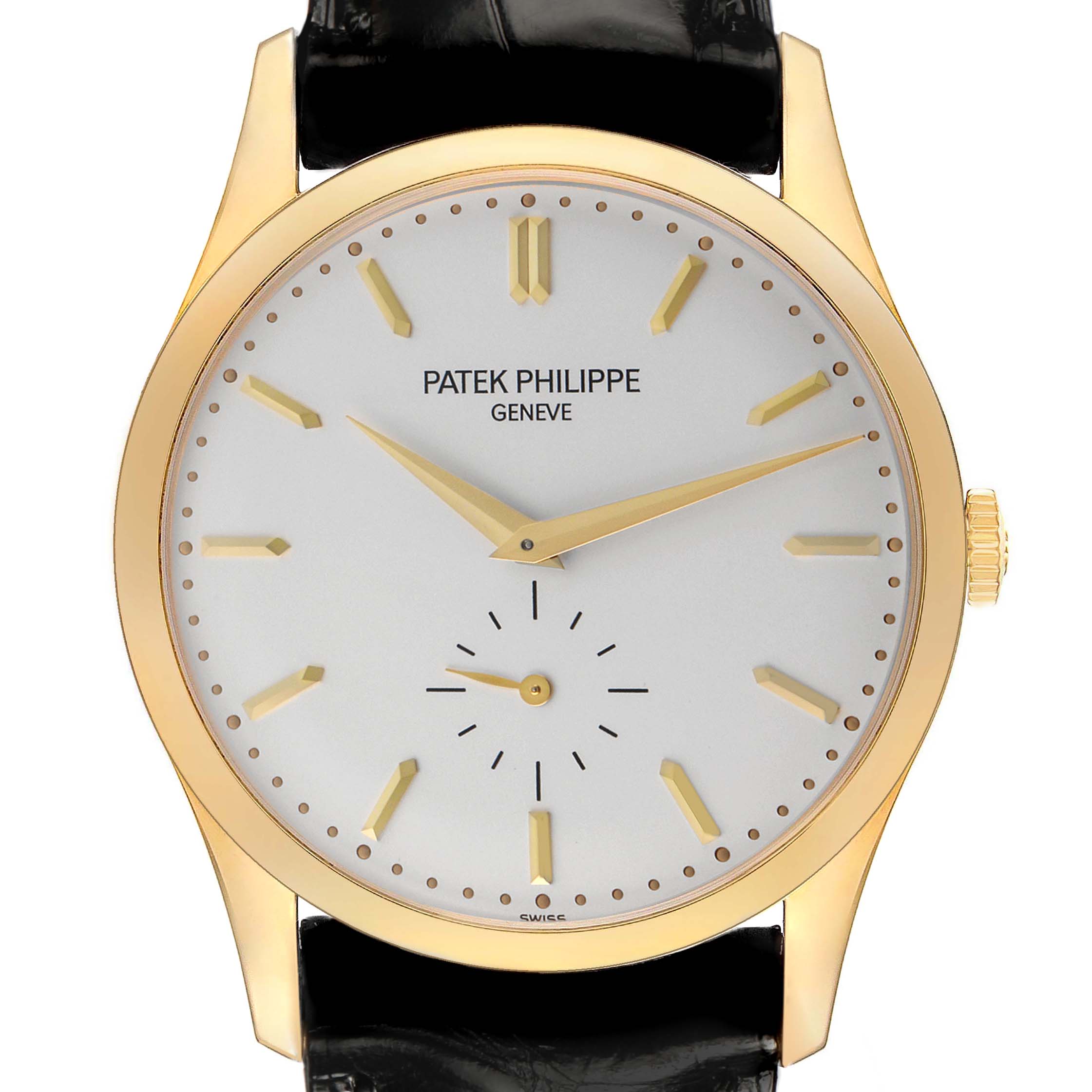 The Patek Philippe Calatrava 5196J Men's Yellow Gold Silver Dial watch is shown from a front angle, displaying its face, hands, and part of the leather strap.