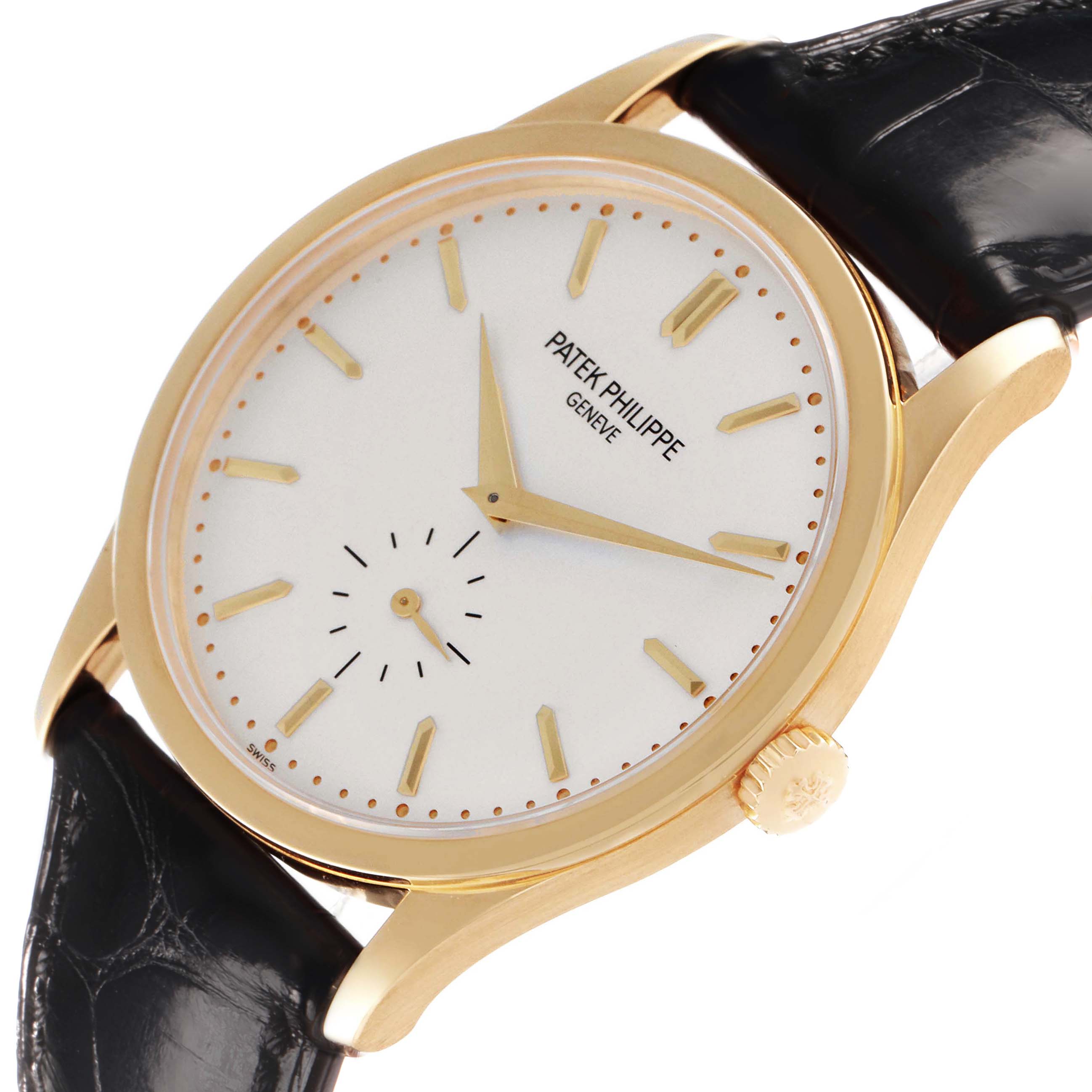 The Patek Philippe Calatrava 5196J Men's Yellow Gold Silver Dial watch is shown at an angle displaying the dial, crown, case, and part of the leather strap.