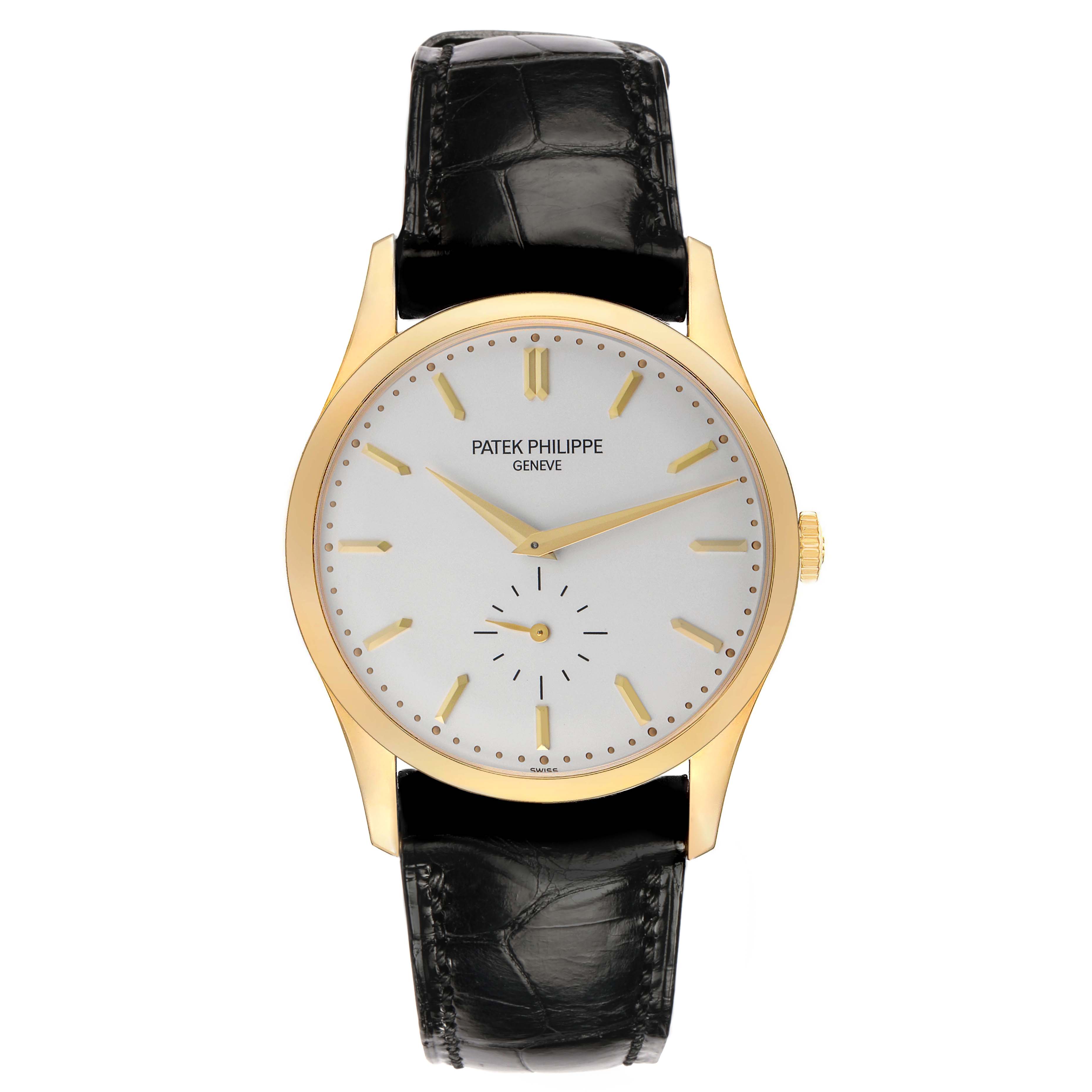 The Patek Philippe Calatrava 5196J Men's Yellow Gold Silver Dial watch is shown from the front, displaying the face, hands, and leather strap.
