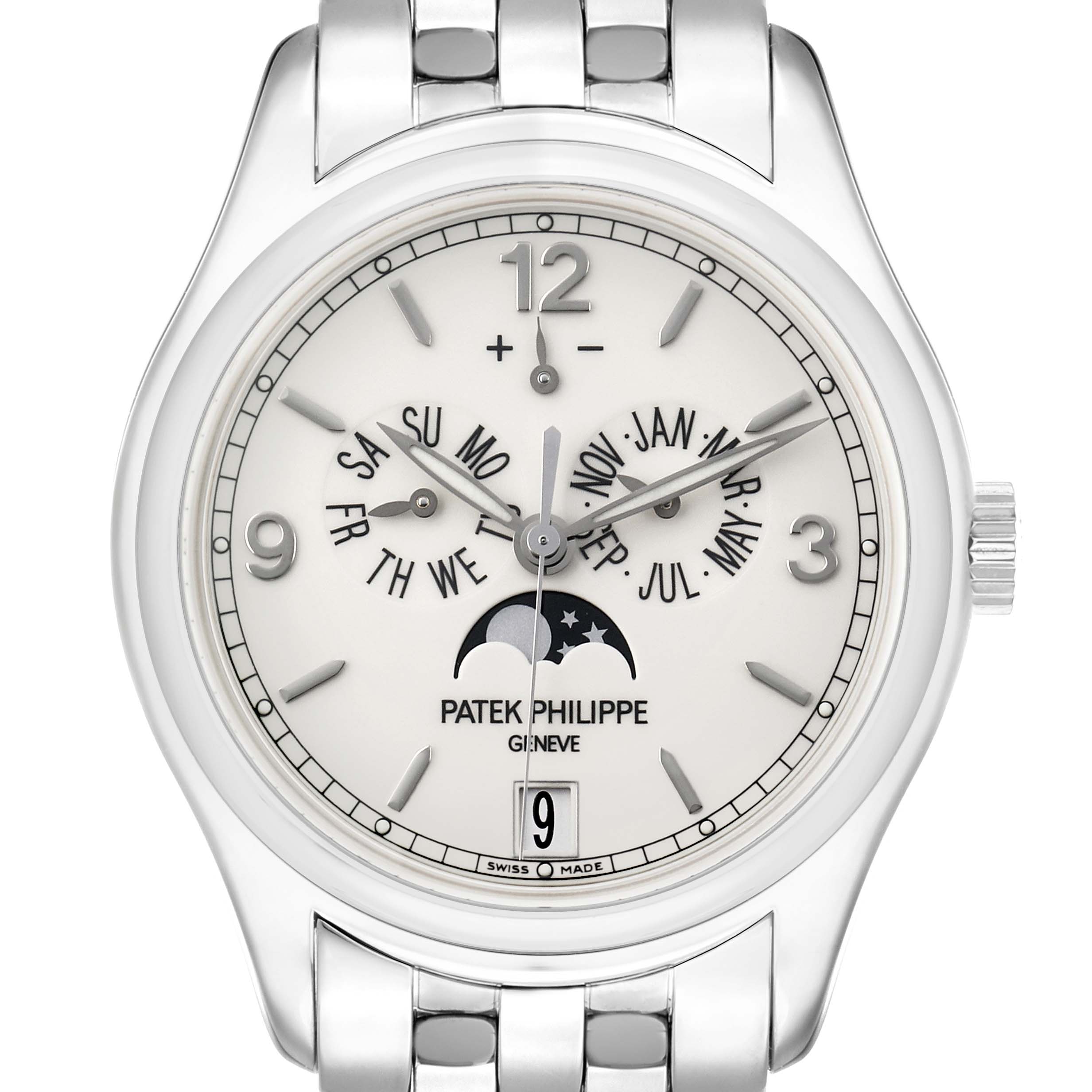 The Patek Philippe Complications 5146G Men
s White Gold White Dial watch is shown from the front, displaying its dial, date, moon phase, and calendar features.