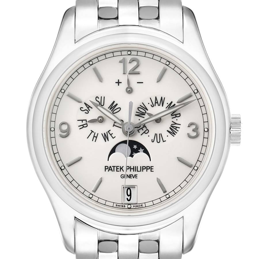 The Patek Philippe Complications 5146G Men's White Gold White Dial watch is shown from the front, displaying its dial, date, moon phase, and calendar features.