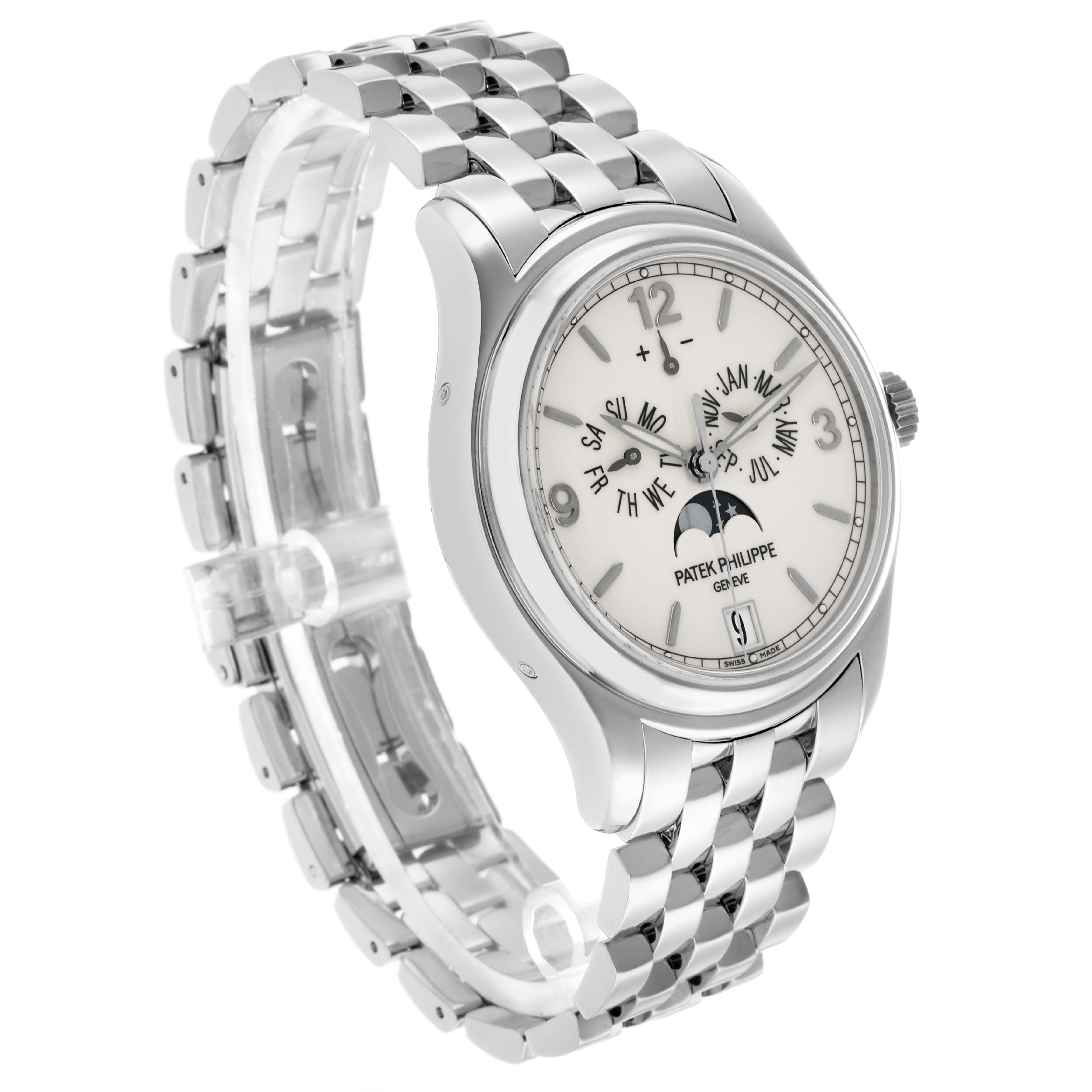 The Patek Philippe Complications 5146G Men
s White Gold White Dial watch is shown at a three-quarter angle, displaying the dial, bracelet, and side crown.