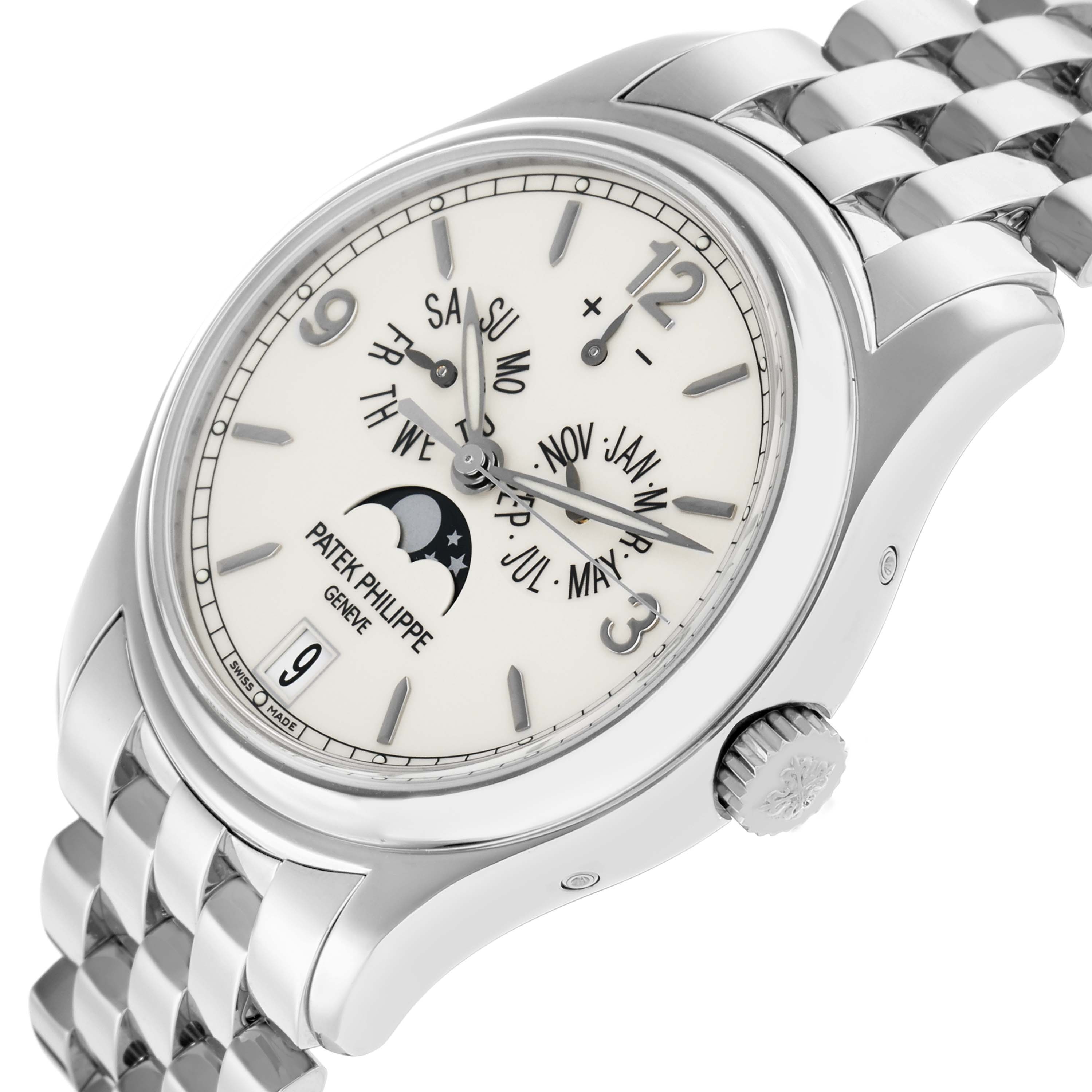 The image shows the Patek Philippe Complications 5146G Men
s White Gold White Dial watch at a three-quarter angle, highlighting the dial, moon phase, and metal bracelet.
