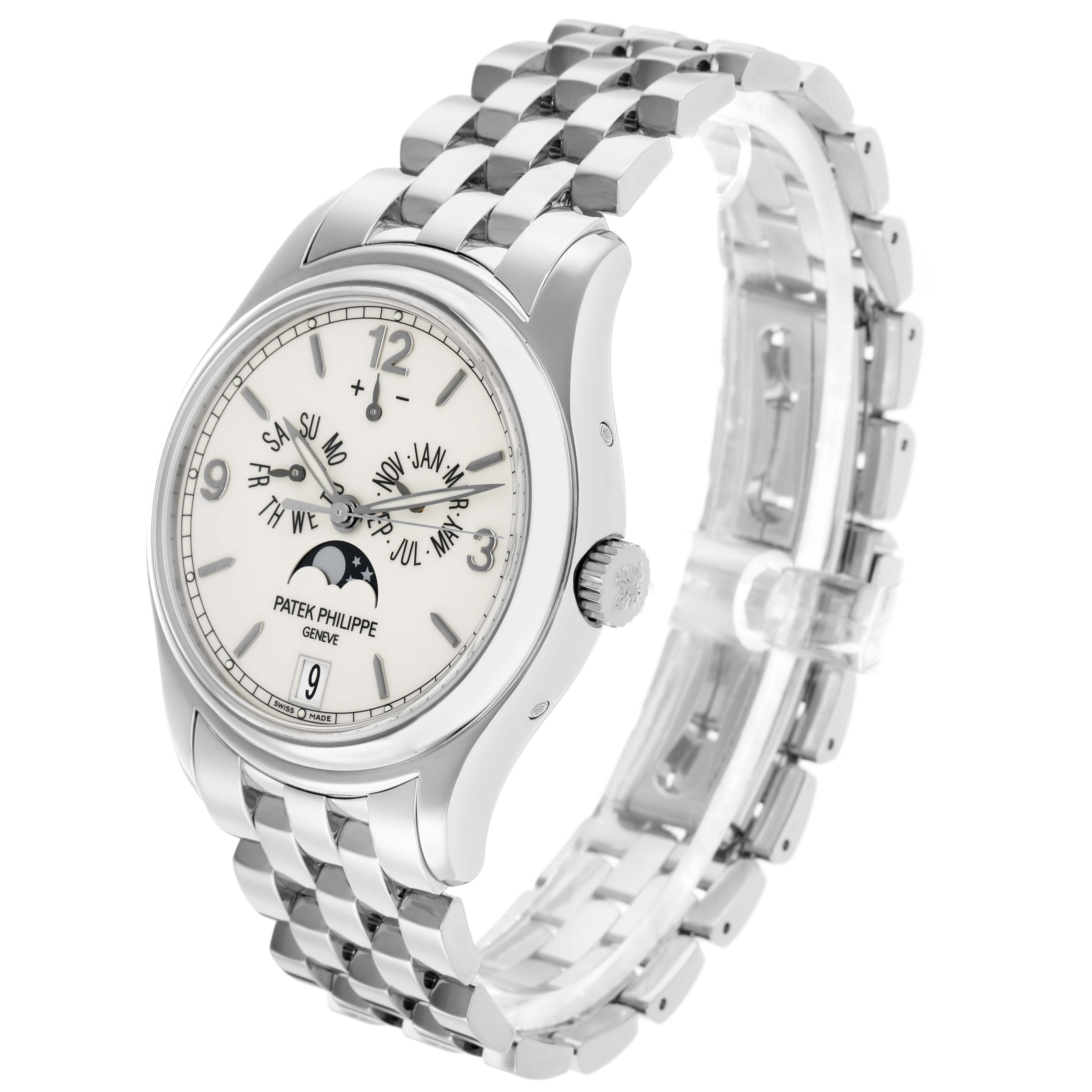 The Patek Philippe Complications 5146G Men
s White Gold White Dial watch is shown at a three-quarter angle, displaying the face, side, and bracelet.