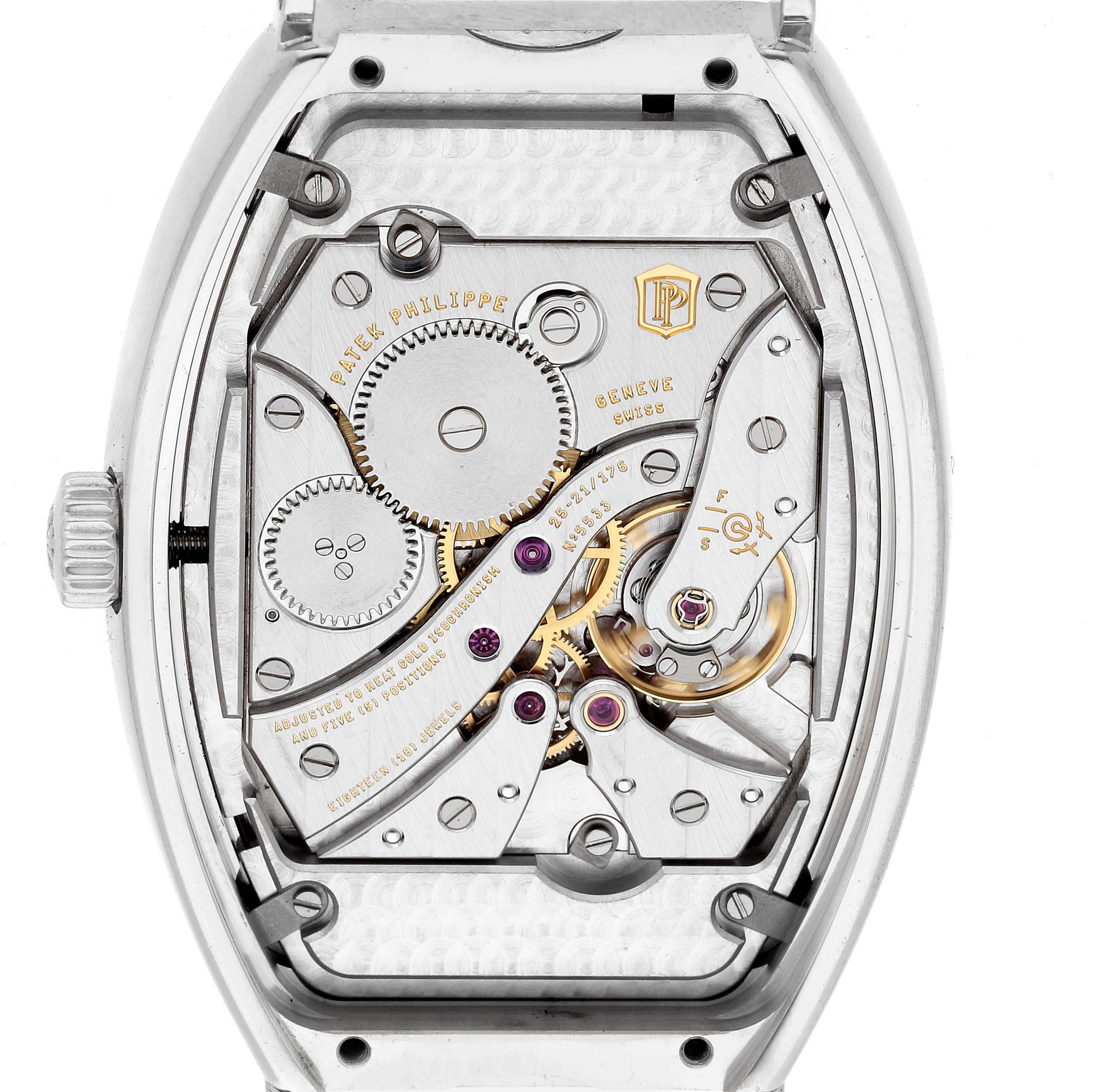 The image shows the movement of the Patek Philippe Gondolo 5098P Men
s Platinum Silver Dial watch from a top-down angle, highlighting its intricate gears and mechanics.