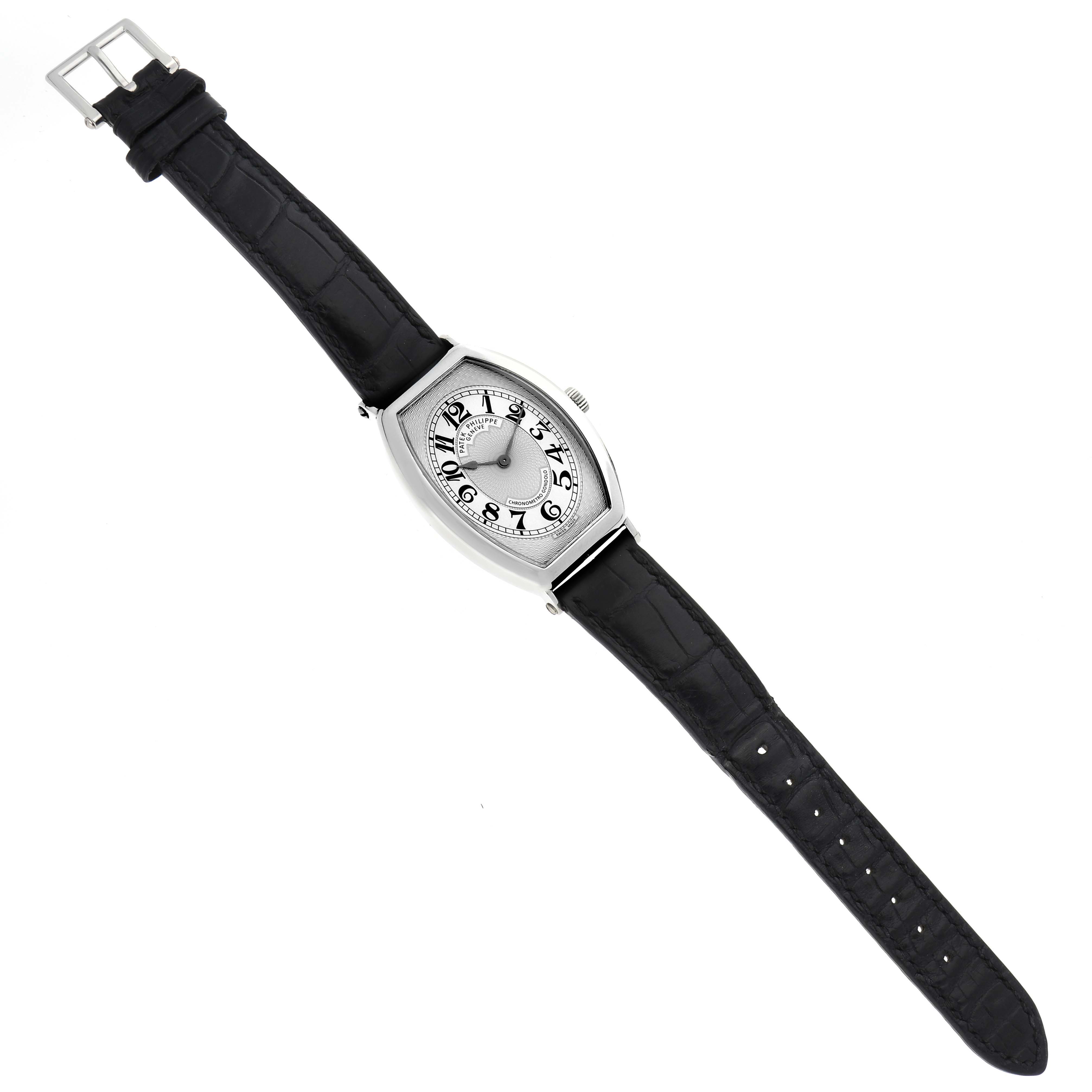 The Patek Philippe Gondolo 5098P Men
s Platinum Silver Dial watch is shown flat with a black leather strap and silver dial visible.