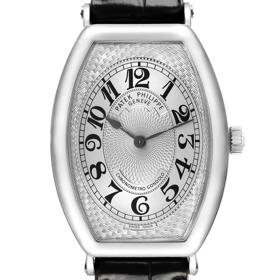 The image shows a frontal view of the Patek Philippe Gondolo 5098P Men's Platinum Silver Dial watch, highlighting its dial, case, and crown.