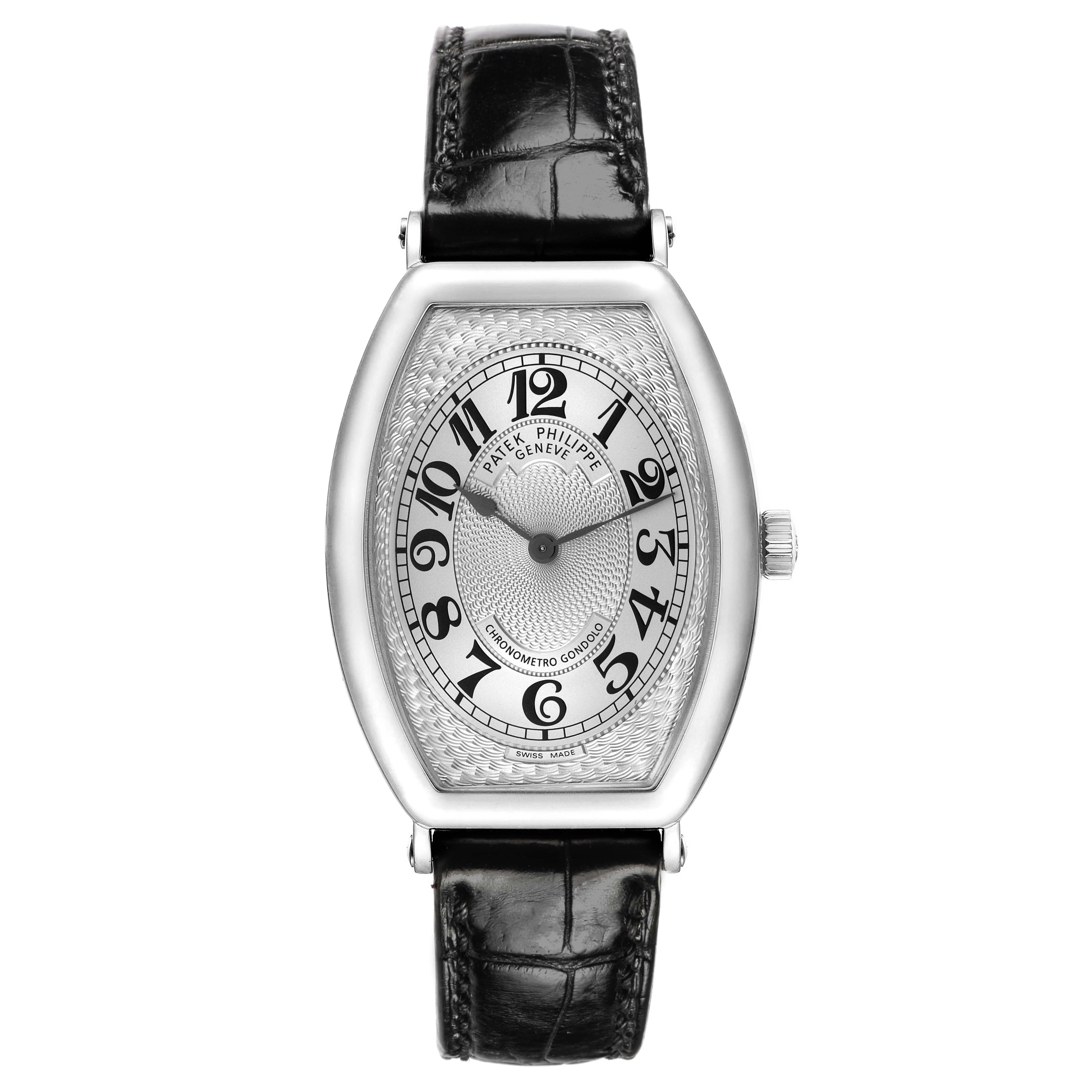 The Patek Philippe Gondolo 5098P Men
s Platinum Silver Dial watch is shown from a top-down angle, highlighting the dial, case, and strap.