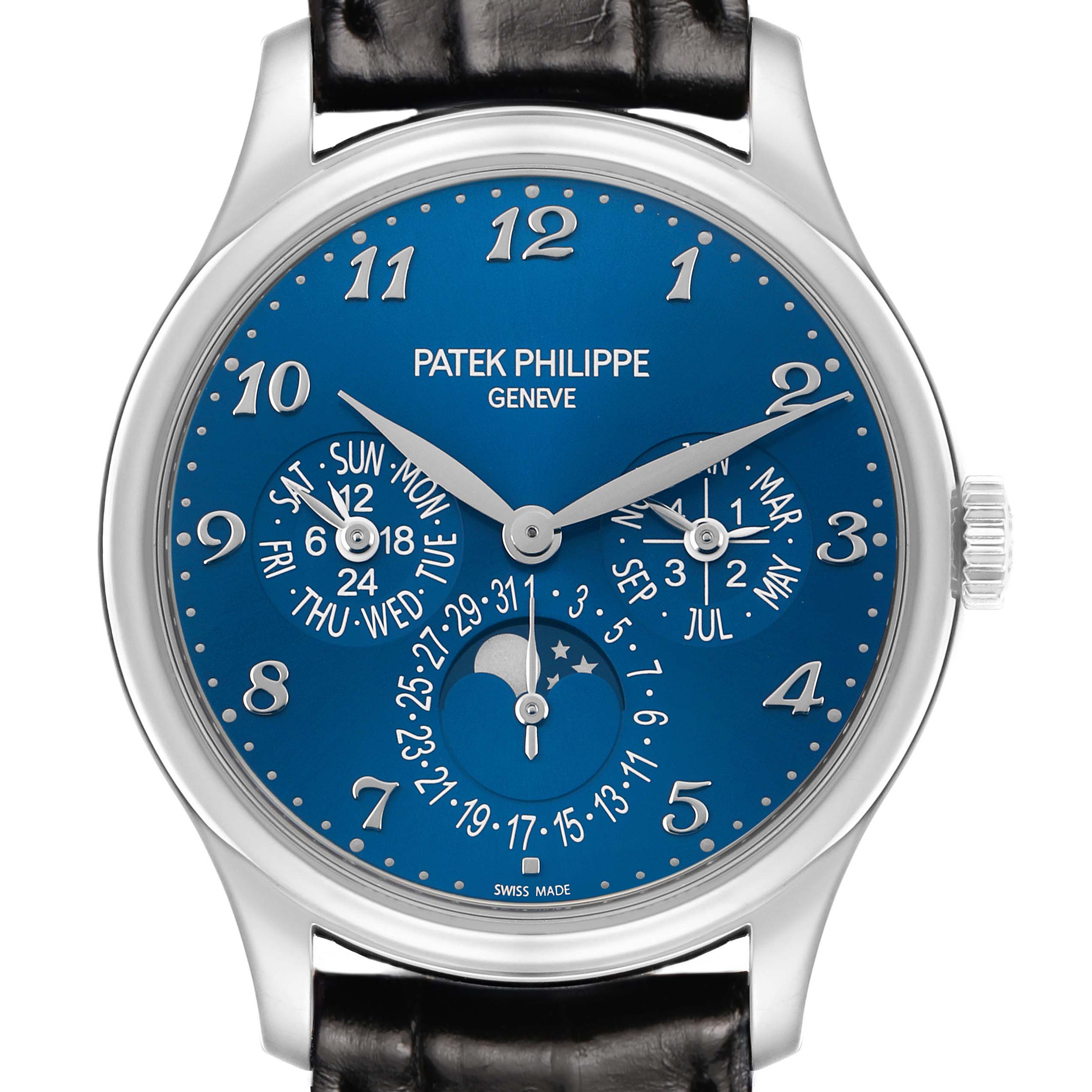 The Patek Philippe Complications 5327G Men
s White Gold Blue Dial watch is shown from the front, highlighting its blue dial and various complications.