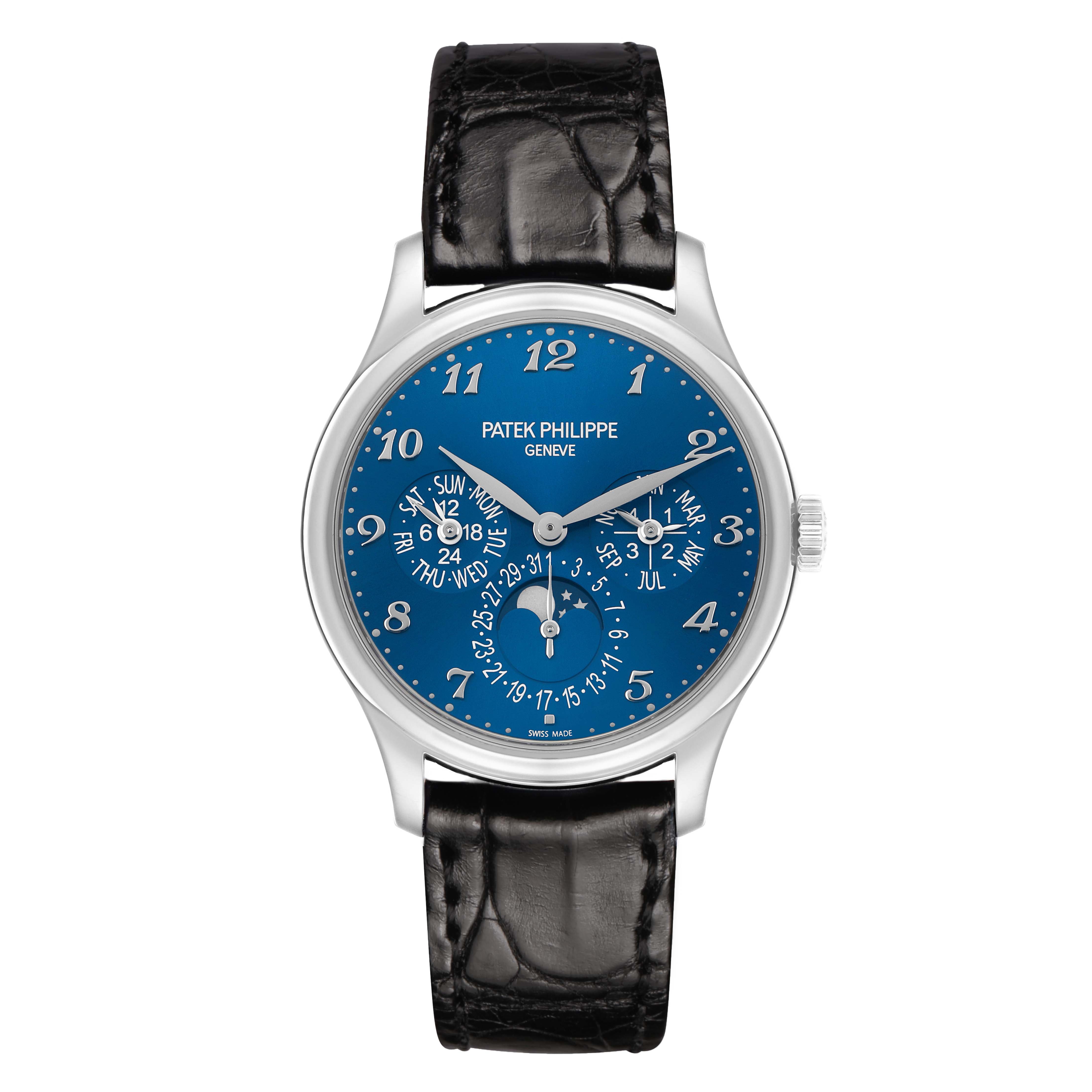 The Patek Philippe Complications 5327G Men
s White Gold Blue Dial watch is shown from the front, displaying its blue dial and black leather strap.