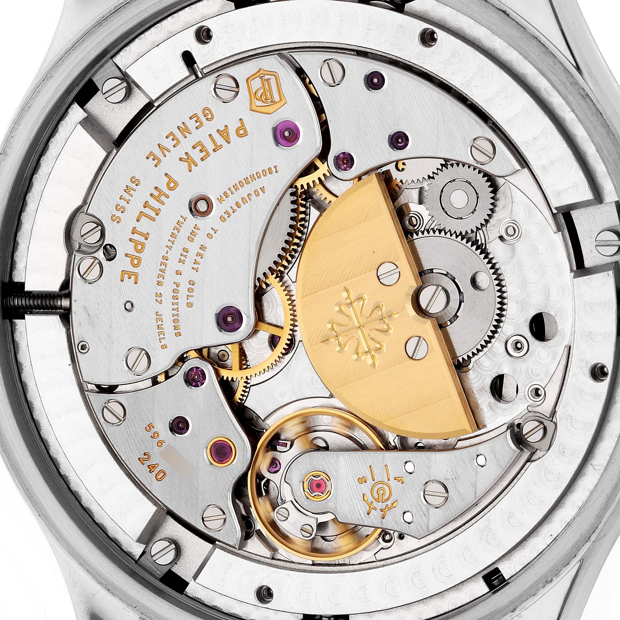 The image shows the back of a Patek Philippe Complications 5327G Men
s White Gold Blue Dial watch, highlighting its intricate mechanical movement.