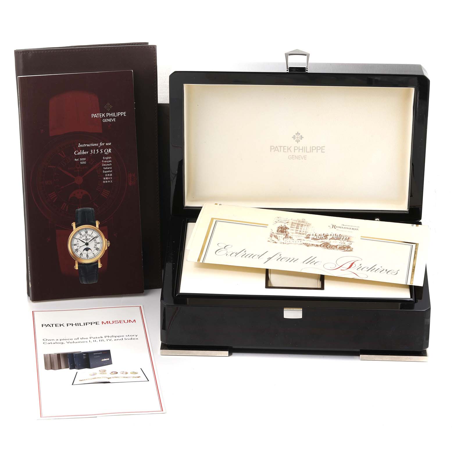 The image shows the box, manual, and paperwork for a Patek Philippe Complications 5059R Men
s Rose Gold White Dial 5059R Men
s Rose Gold White Dial watch, including an Best Quality
ity certificate.