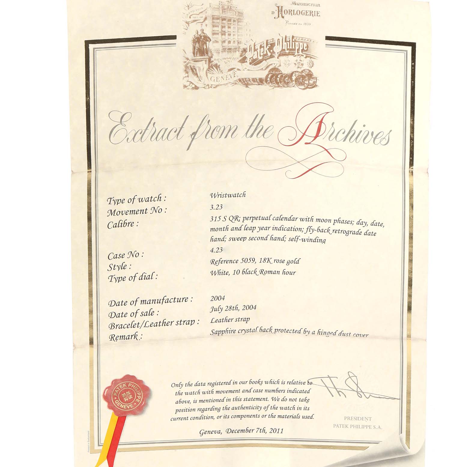 The image shows a certificate extraction from the archives for a Patek Philippe Complications 5059R Men
s Rose Gold White Dial 5059R Men
s Rose Gold White Dial wristwatch model 5059.