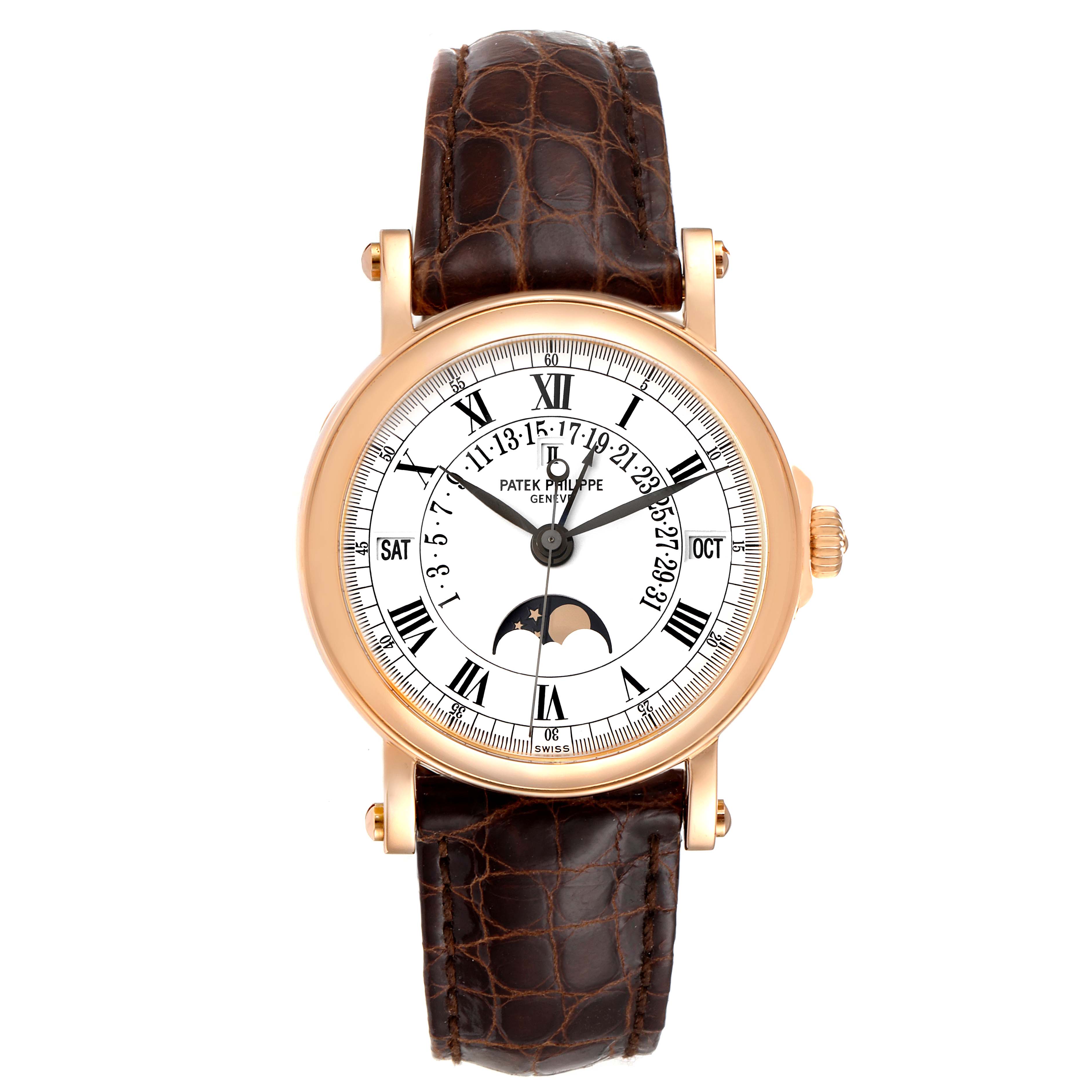The image shows a Patek Philippe Complications 5059R Men
s Rose Gold White Dial 5059R Men
s Rose Gold White Dial model watch, front view, featuring a white dial, Roman numerals, and a brown leather strap.