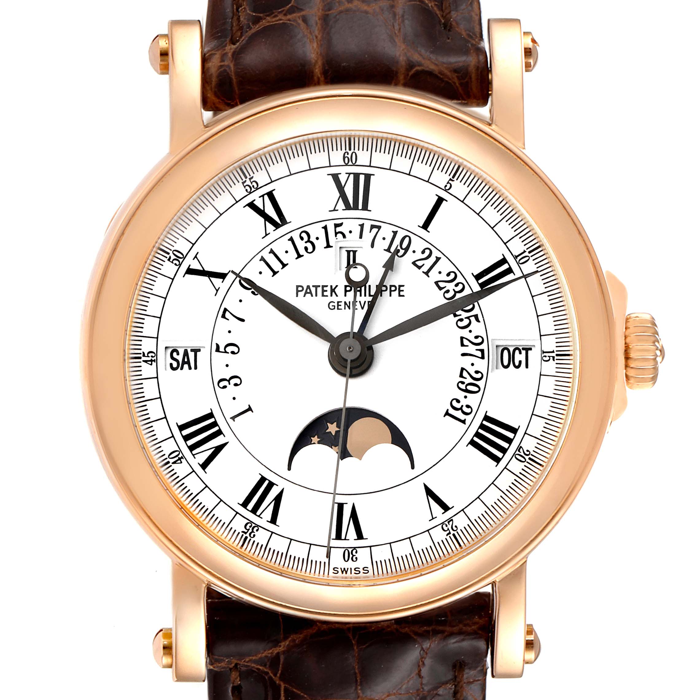 The image shows a front view of a Patek Philippe Complications 5059R Men
s Rose Gold White Dial 5059R Men
s Rose Gold White Dial model watch, highlighting its dial, hands, and moon phase display.
