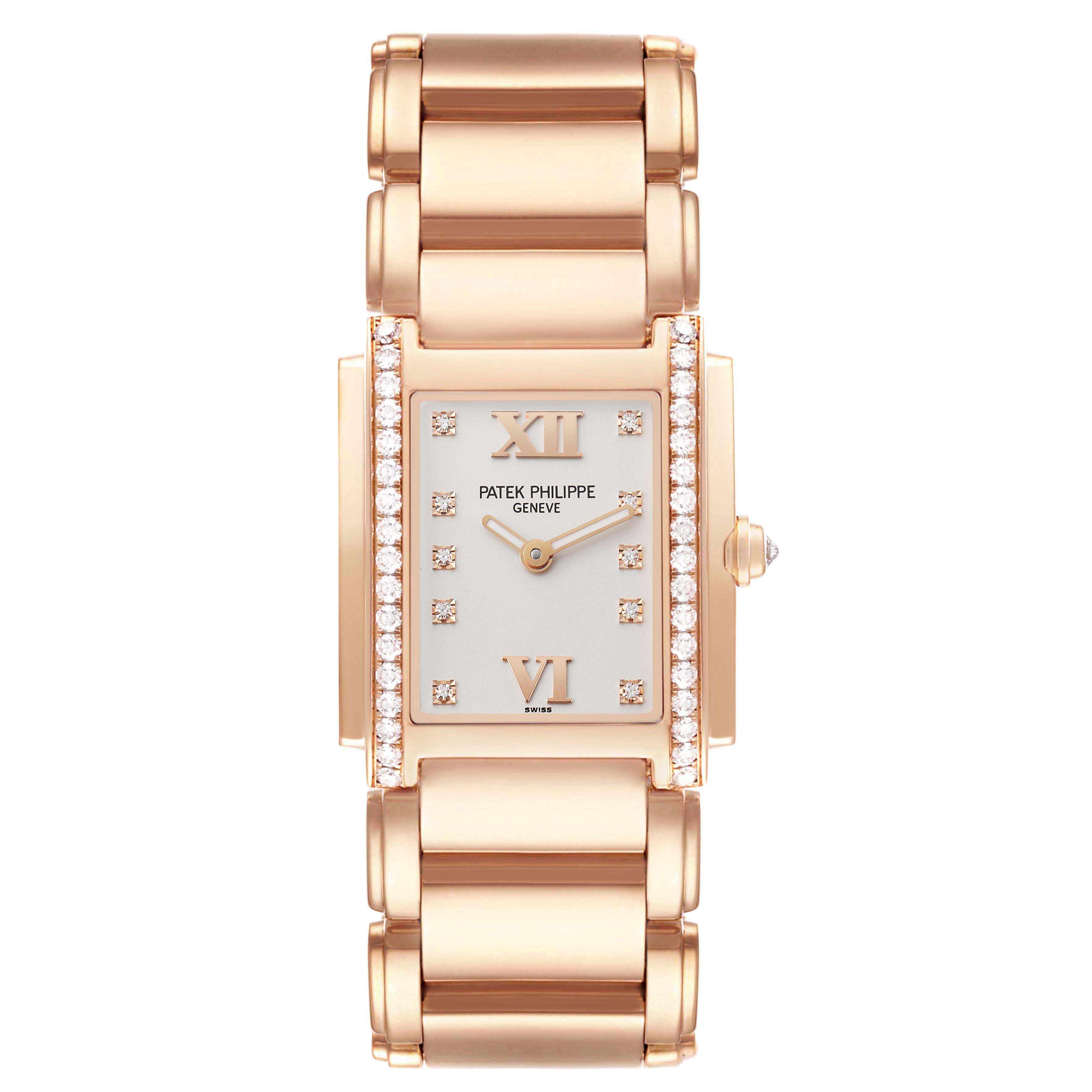 The image shows a Patek Philippe Twenty-4 4910R Women
s Rose Gold Silver Dial watch from a front view, highlighting the bracelet, rectangular face, and diamond accents.